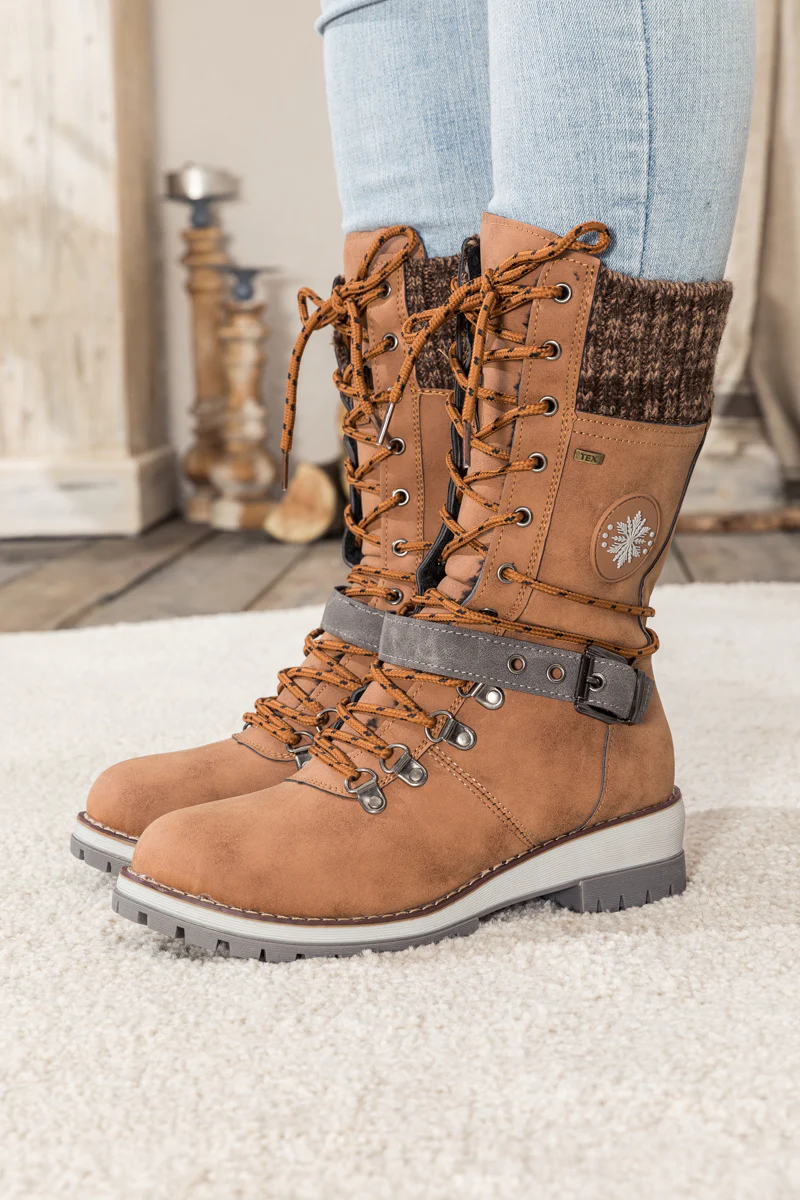 En Bloom | Ribbed-Cuff Buckle-Strap Boot - Brown - Image 2