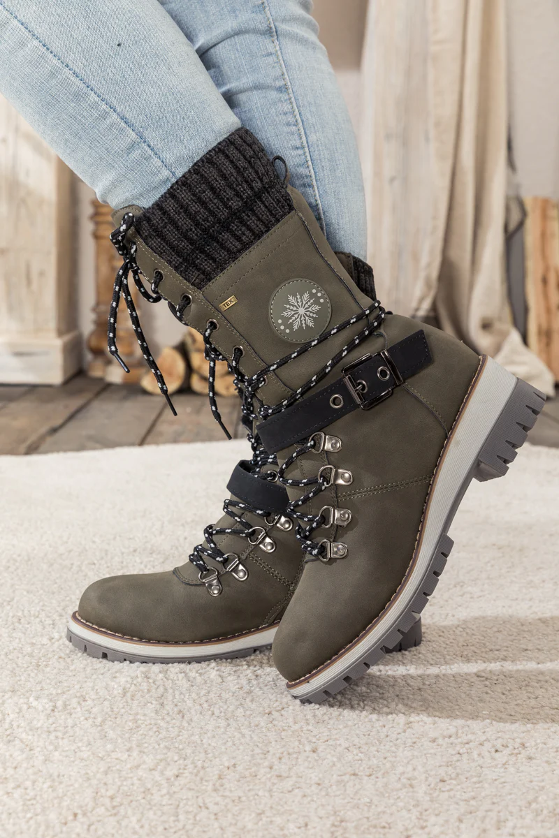En Bloom | Ribbed-Cuff Buckle-Strap Boot - Grey - Image 2