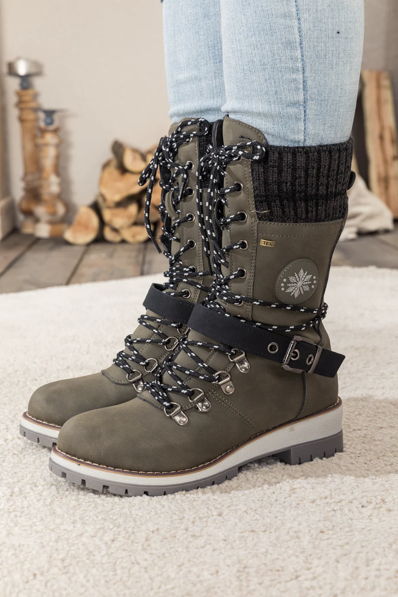En Bloom | Ribbed-Cuff Buckle-Strap Boot - Grey - Image 5