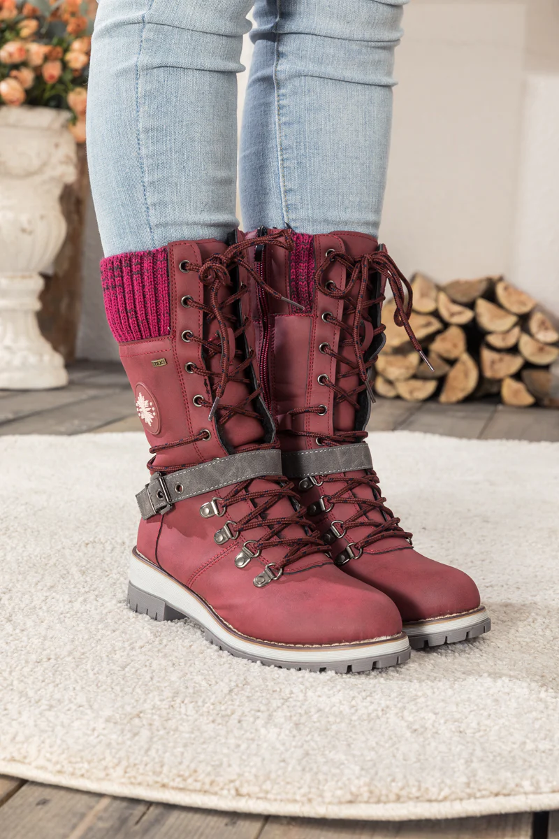 En Bloom | Ribbed-Cuff Buckle-Strap Boot - Red - Image 3