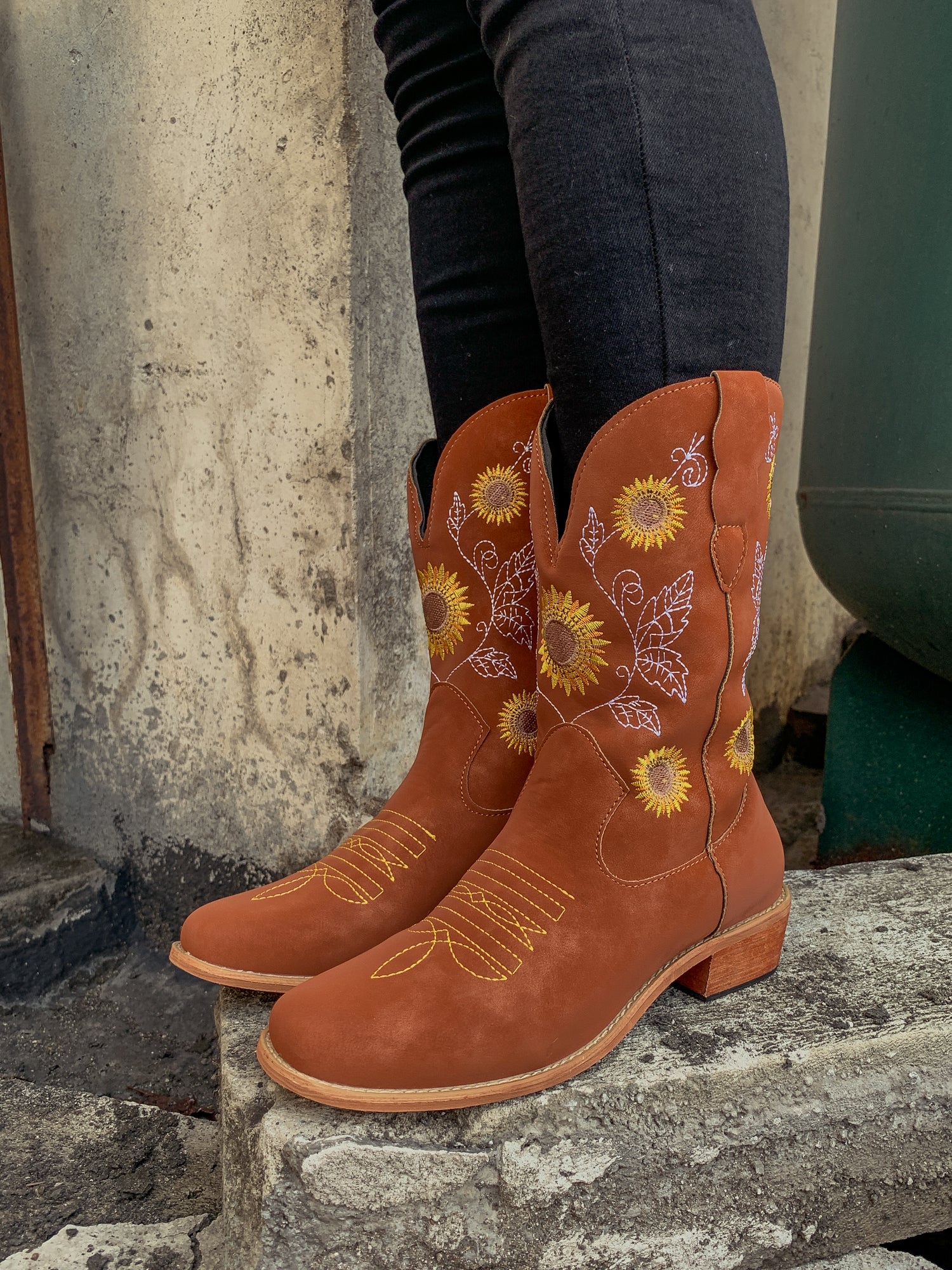 En Bloom | Orange Sunflower Embroidered Knee Cowboy Boots