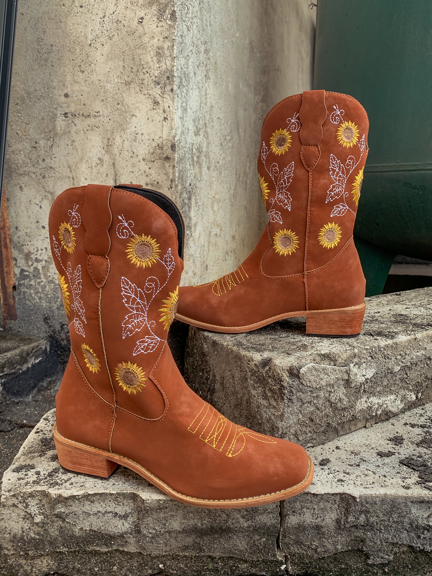 En Bloom | Orange Sunflower Embroidered Knee Cowboy Boots - Image 10