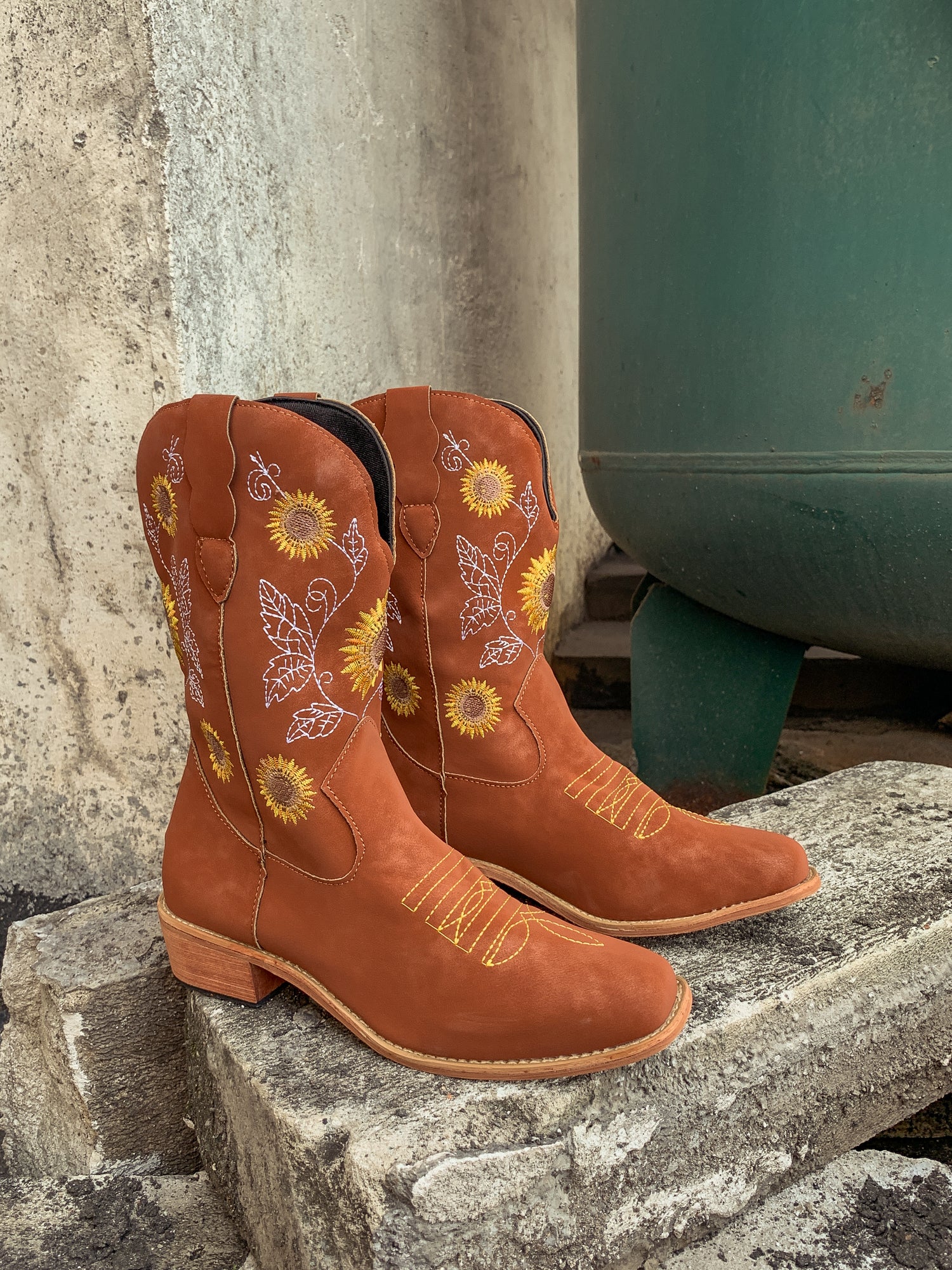 En Bloom | Orange Sunflower Embroidered Knee Cowboy Boots - Image 11
