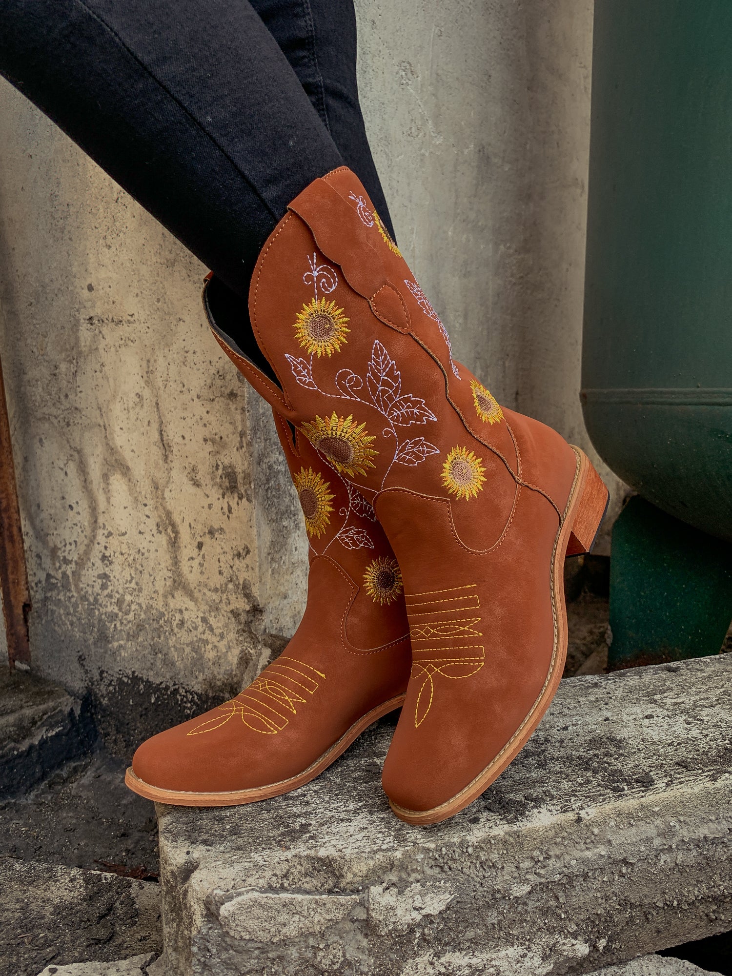 En Bloom | Orange Sunflower Embroidered Knee Cowboy Boots - Image 2