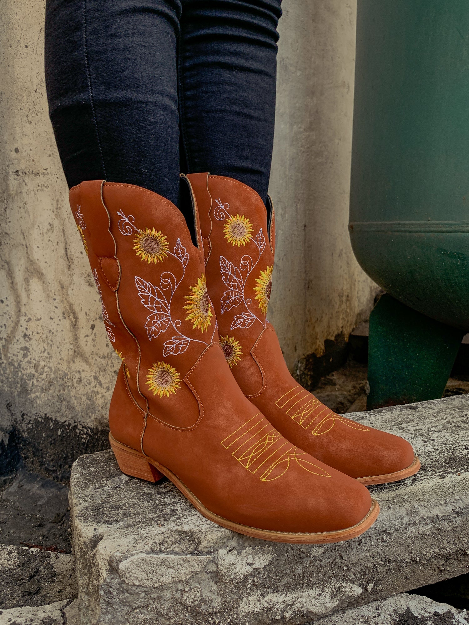 En Bloom | Orange Sunflower Embroidered Knee Cowboy Boots - Image 3