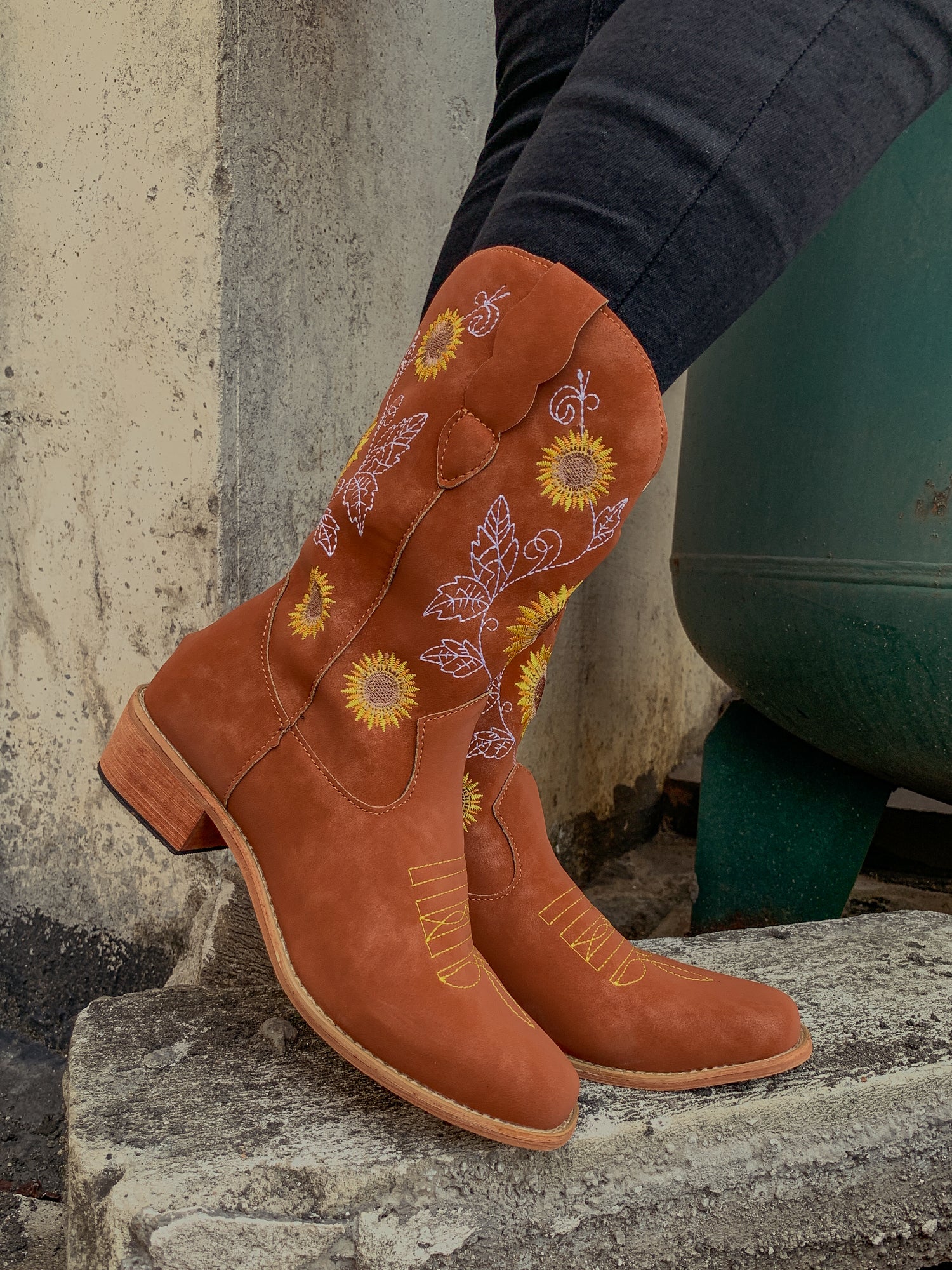 En Bloom | Orange Sunflower Embroidered Knee Cowboy Boots - Image 4