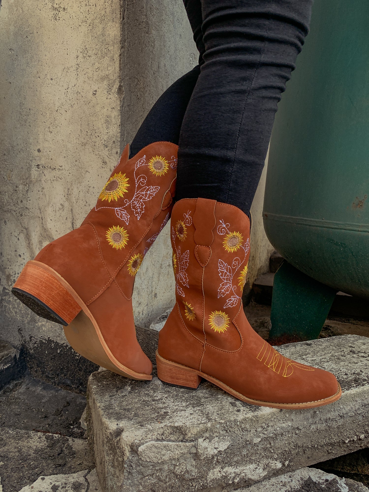 En Bloom | Orange Sunflower Embroidered Knee Cowboy Boots - Image 5