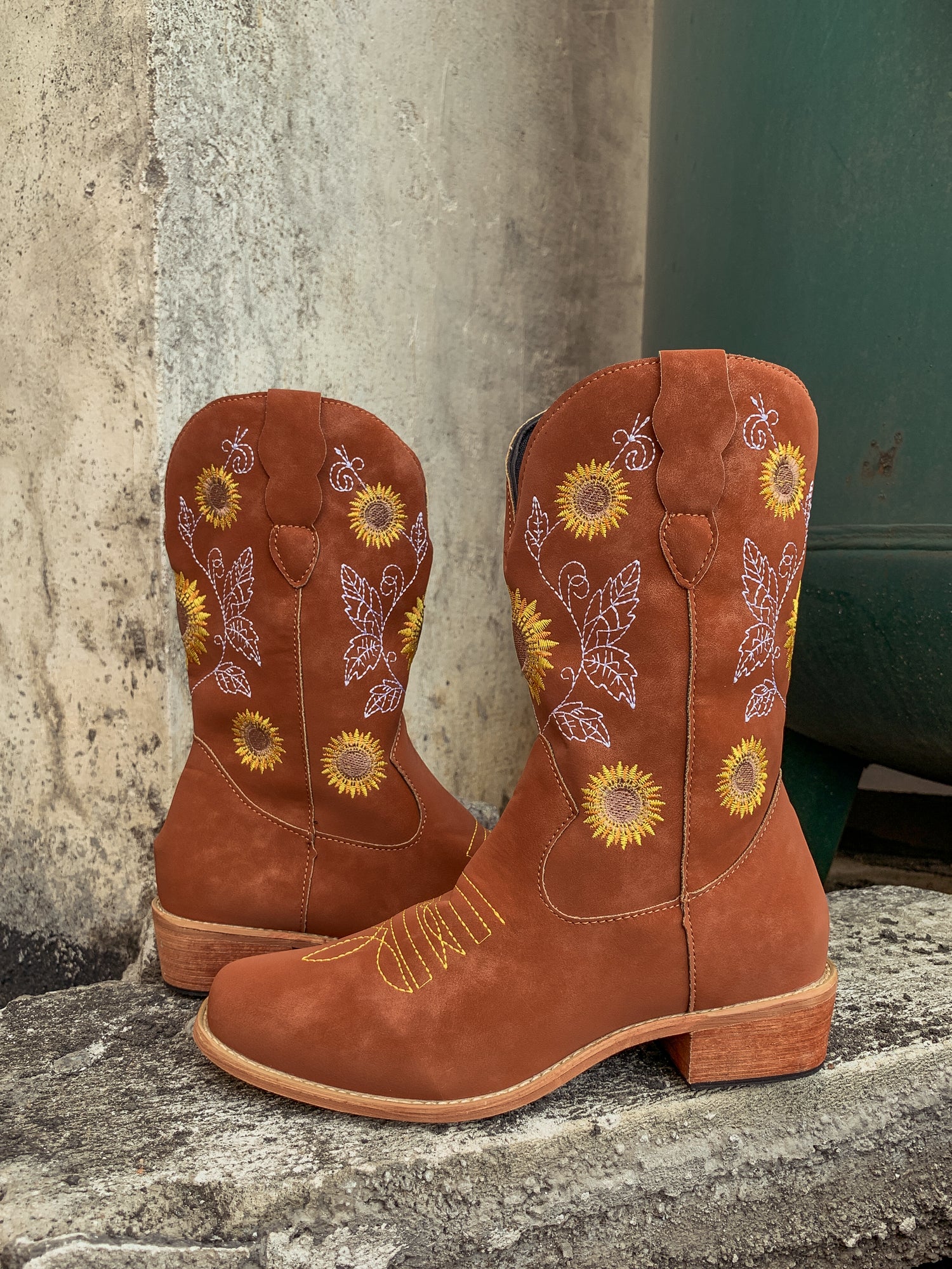 En Bloom | Orange Sunflower Embroidered Knee Cowboy Boots - Image 6