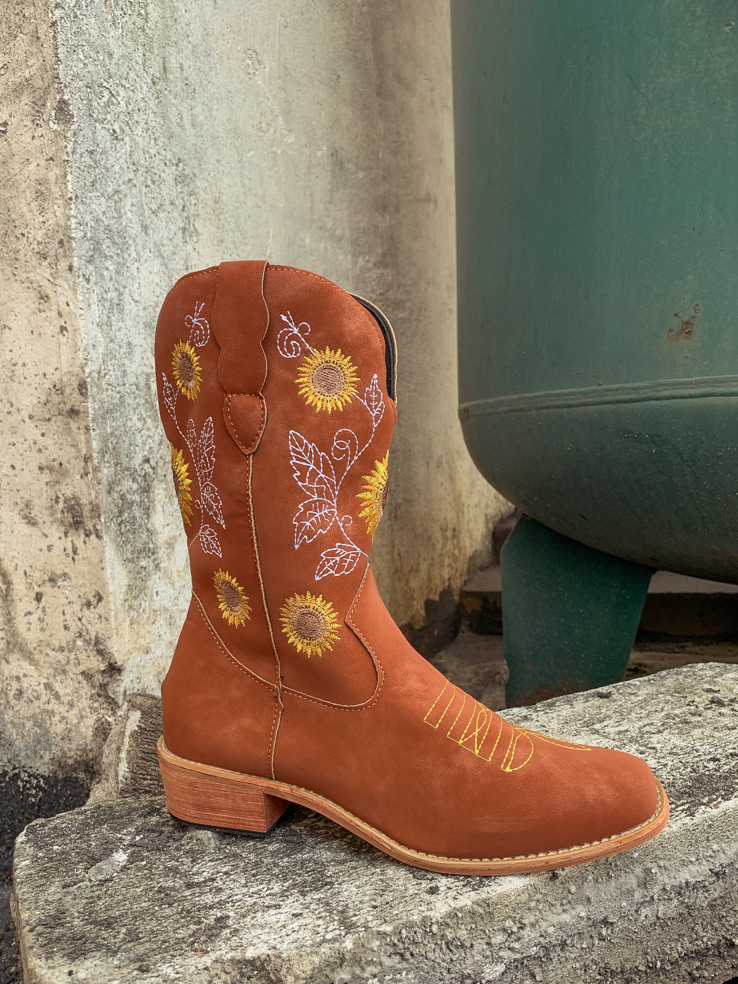 En Bloom | Orange Sunflower Embroidered Knee Cowboy Boots - Image 7