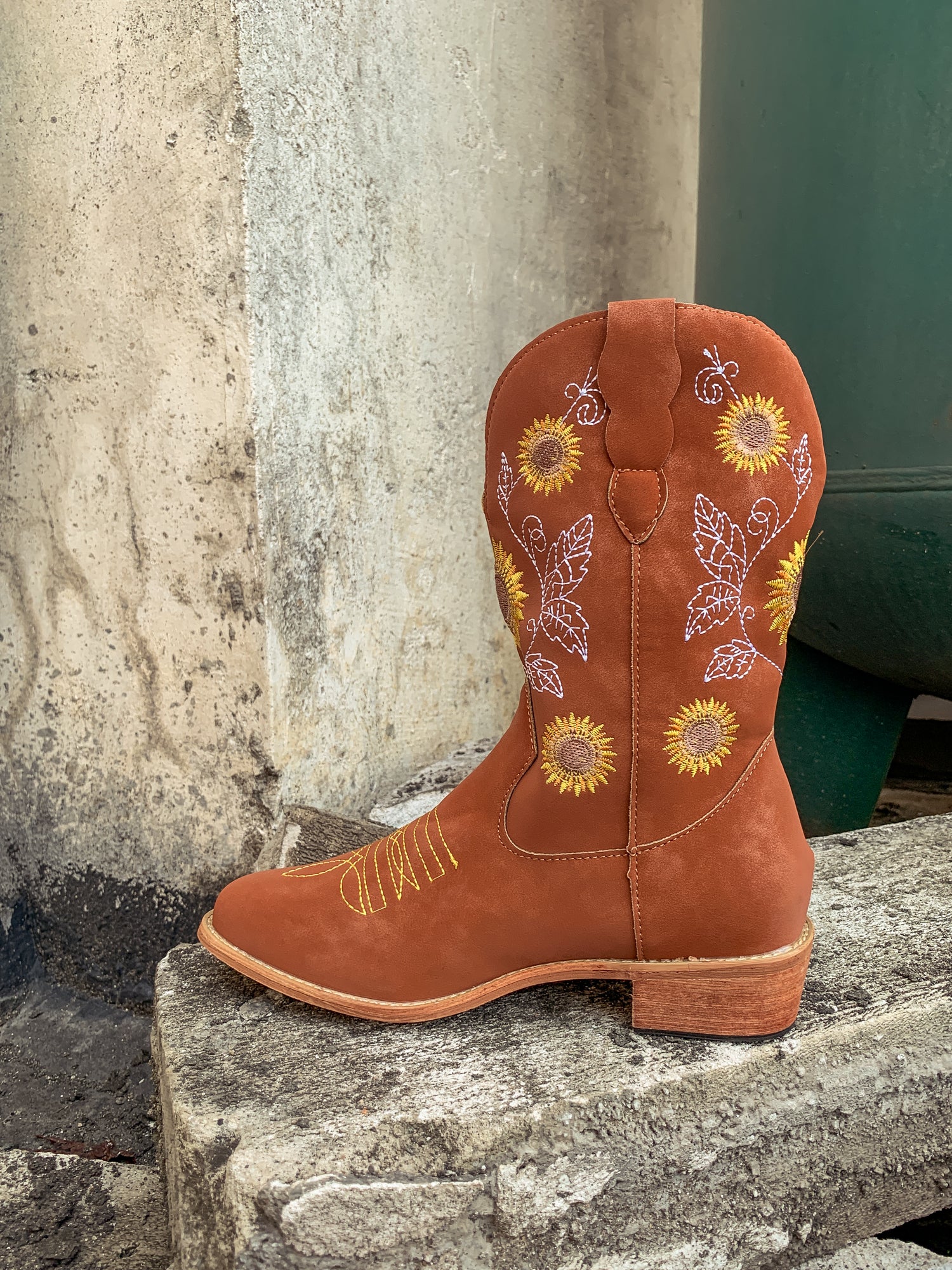 En Bloom | Orange Sunflower Embroidered Knee Cowboy Boots - Image 8