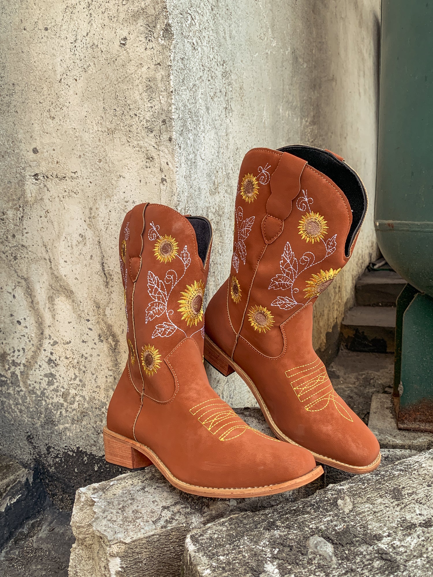 En Bloom | Orange Sunflower Embroidered Knee Cowboy Boots - Image 9