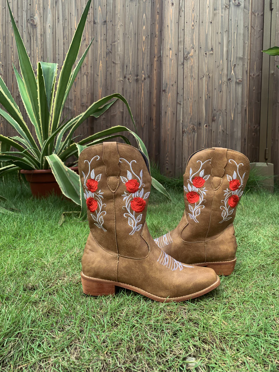 En Bloom | Rose Embroidered Cowboy Boots - Beige - Image 2