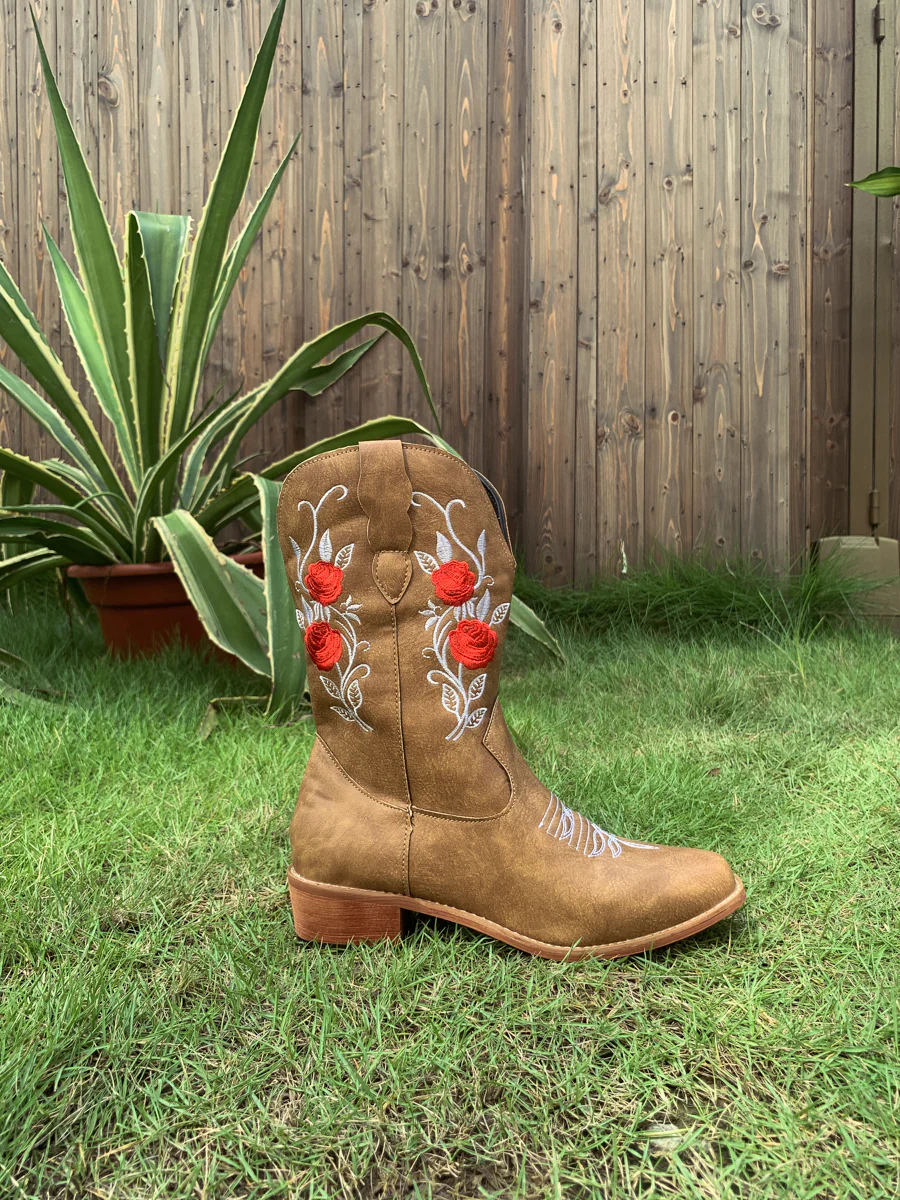 En Bloom | Rose Embroidered Cowboy Boots - Beige - Image 3