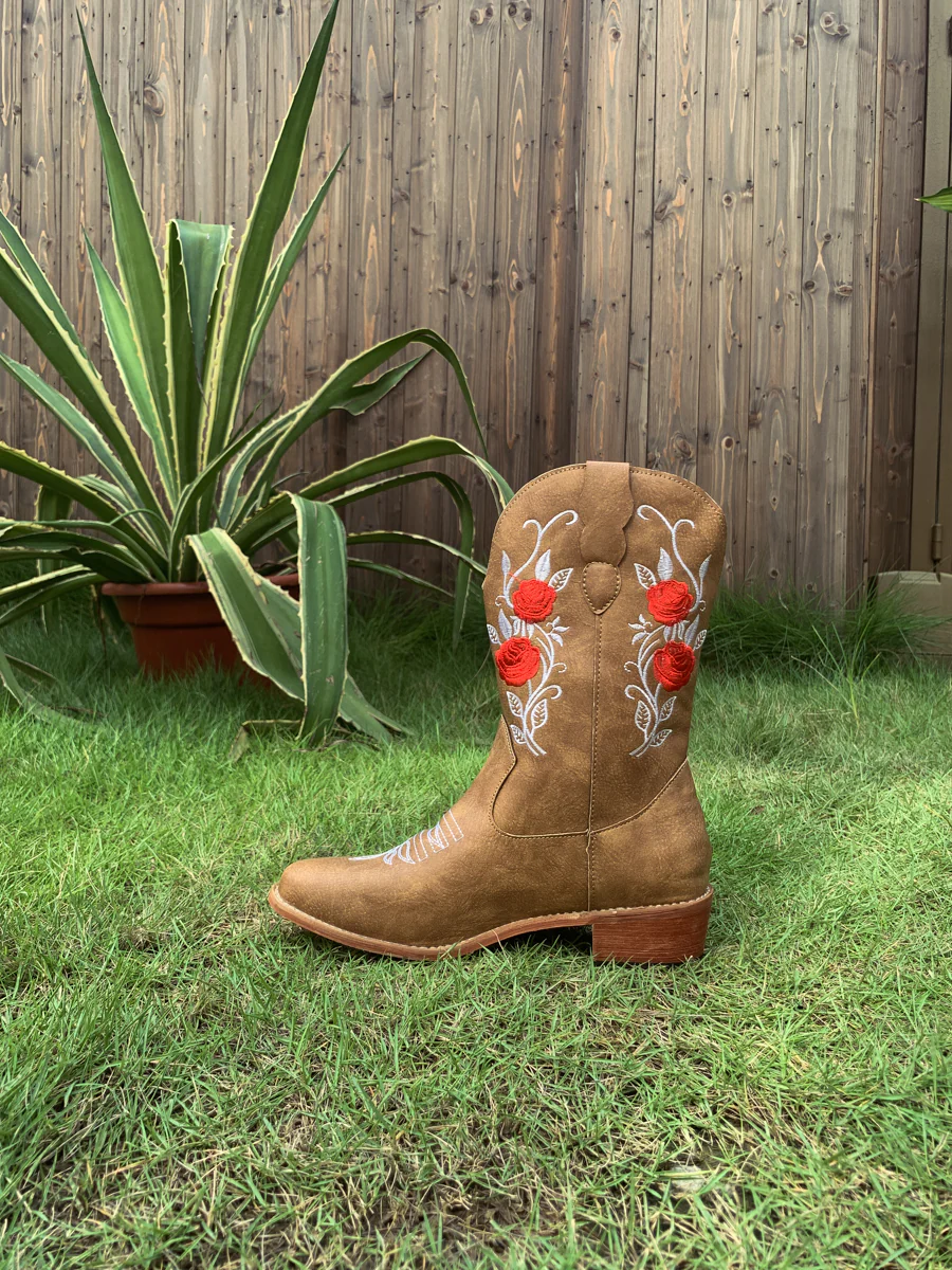 En Bloom | Rose Embroidered Cowboy Boots - Beige - Image 4