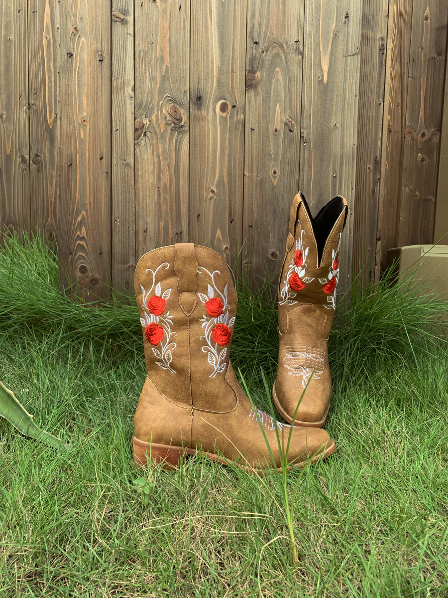 En Bloom | Rose Embroidered Cowboy Boots - Beige - Image 5