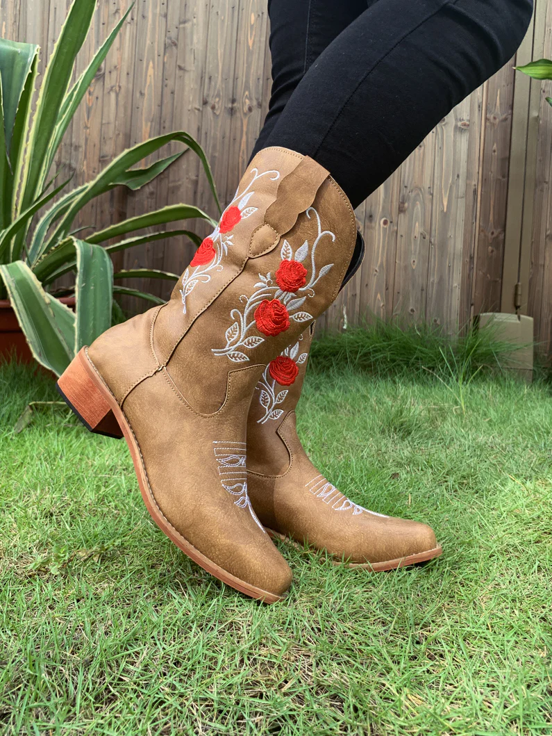 En Bloom | Rose Embroidered Cowboy Boots - Beige - Image 6