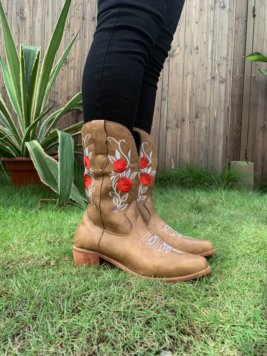 En Bloom | Rose Embroidered Cowboy Boots - Beige - Image 7