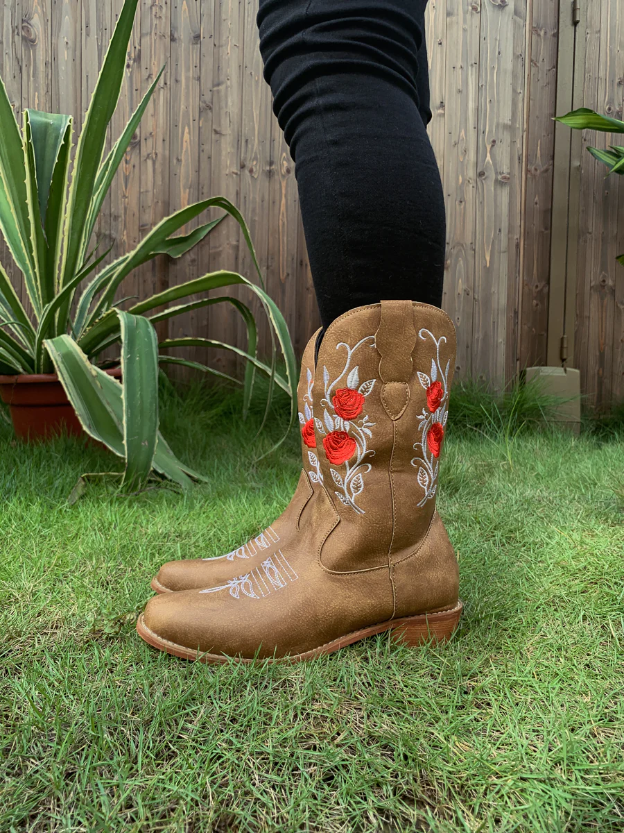 En Bloom | Rose Embroidered Cowboy Boots - Beige - Image 8