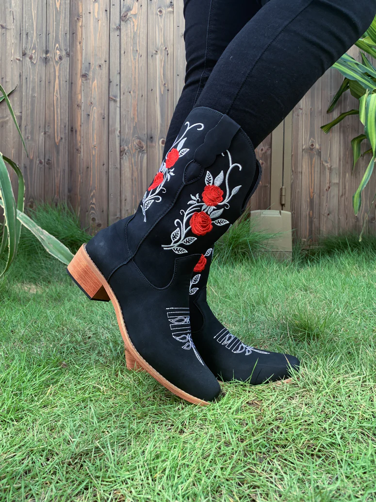 En Bloom | Rose Embroidered Cowboy Boots - Black - Image 2