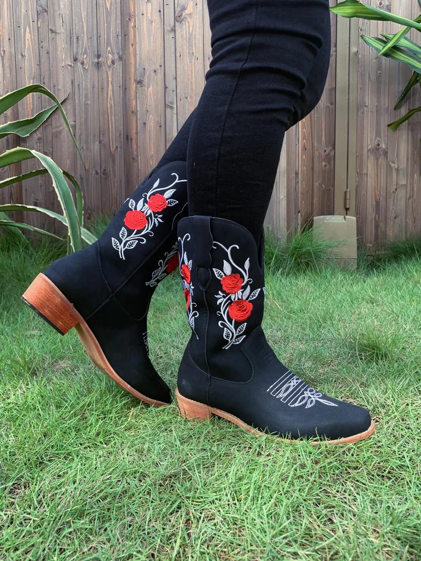 En Bloom | Rose Embroidered Cowboy Boots - Black - Image 5