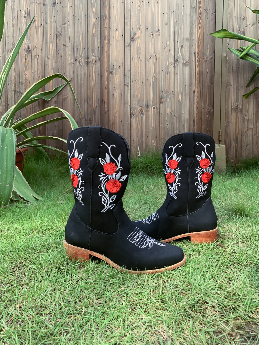 En Bloom | Rose Embroidered Cowboy Boots - Black - Image 7