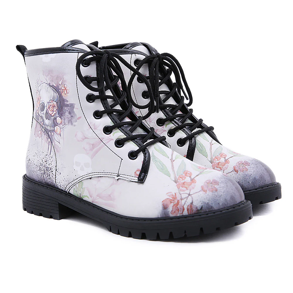 En Bloom | Skull-Floral Ankle Flat Combat Boots - White - Image 4