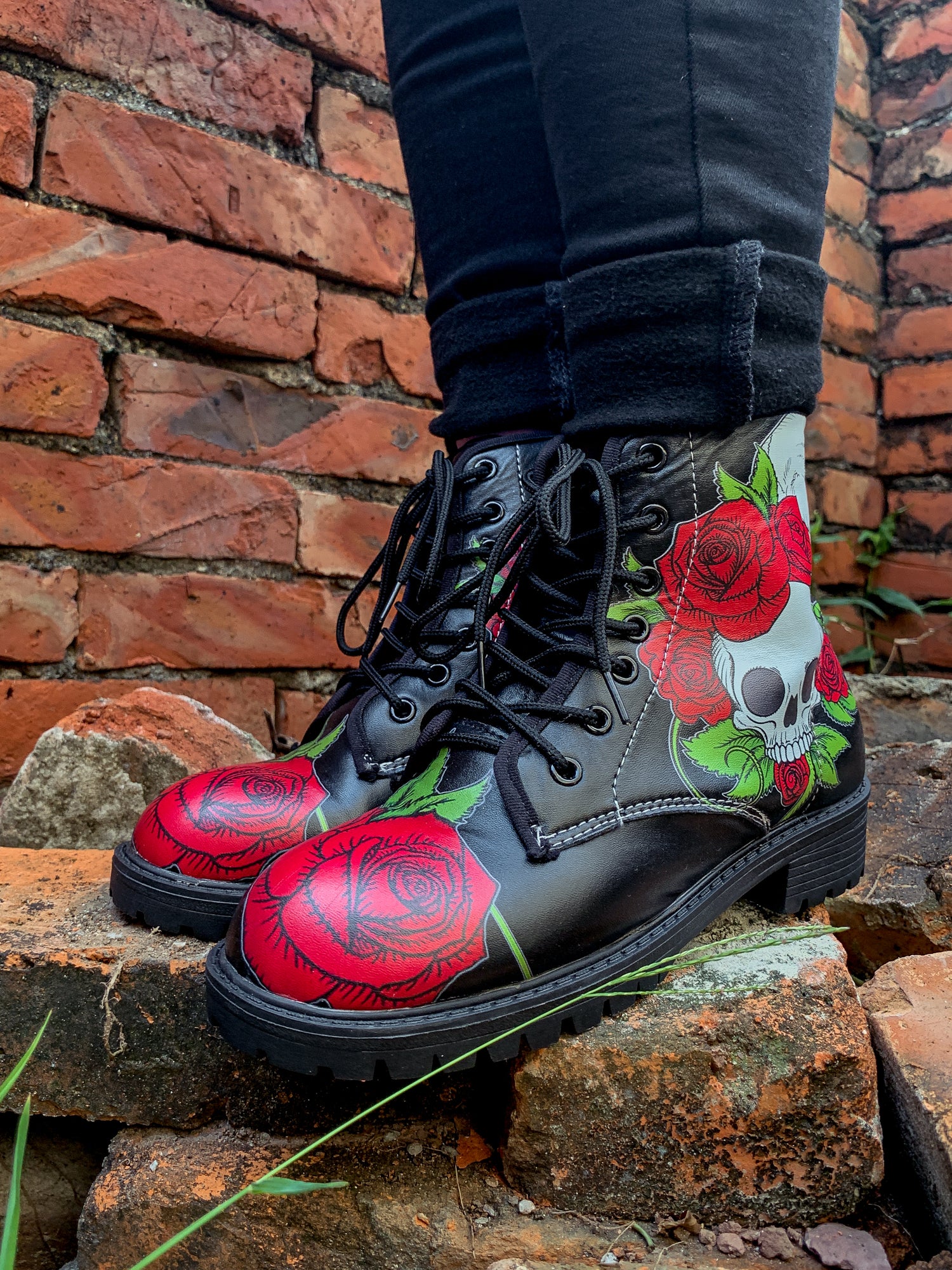 En Bloom | Skull-Rose Black Ankle Flat Combat Boots - Image 2