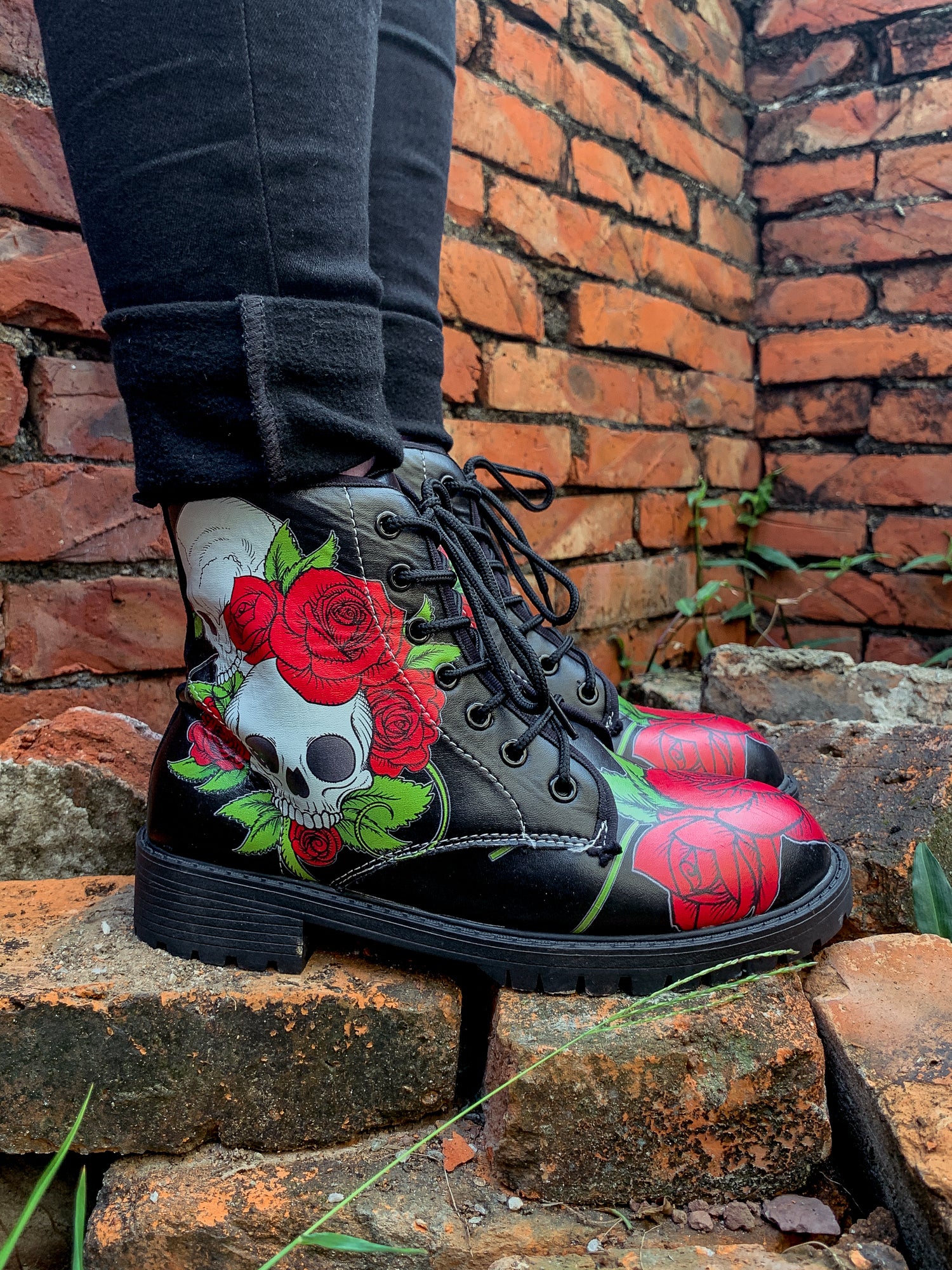 En Bloom | Skull-Rose Black Ankle Flat Combat Boots - Image 3