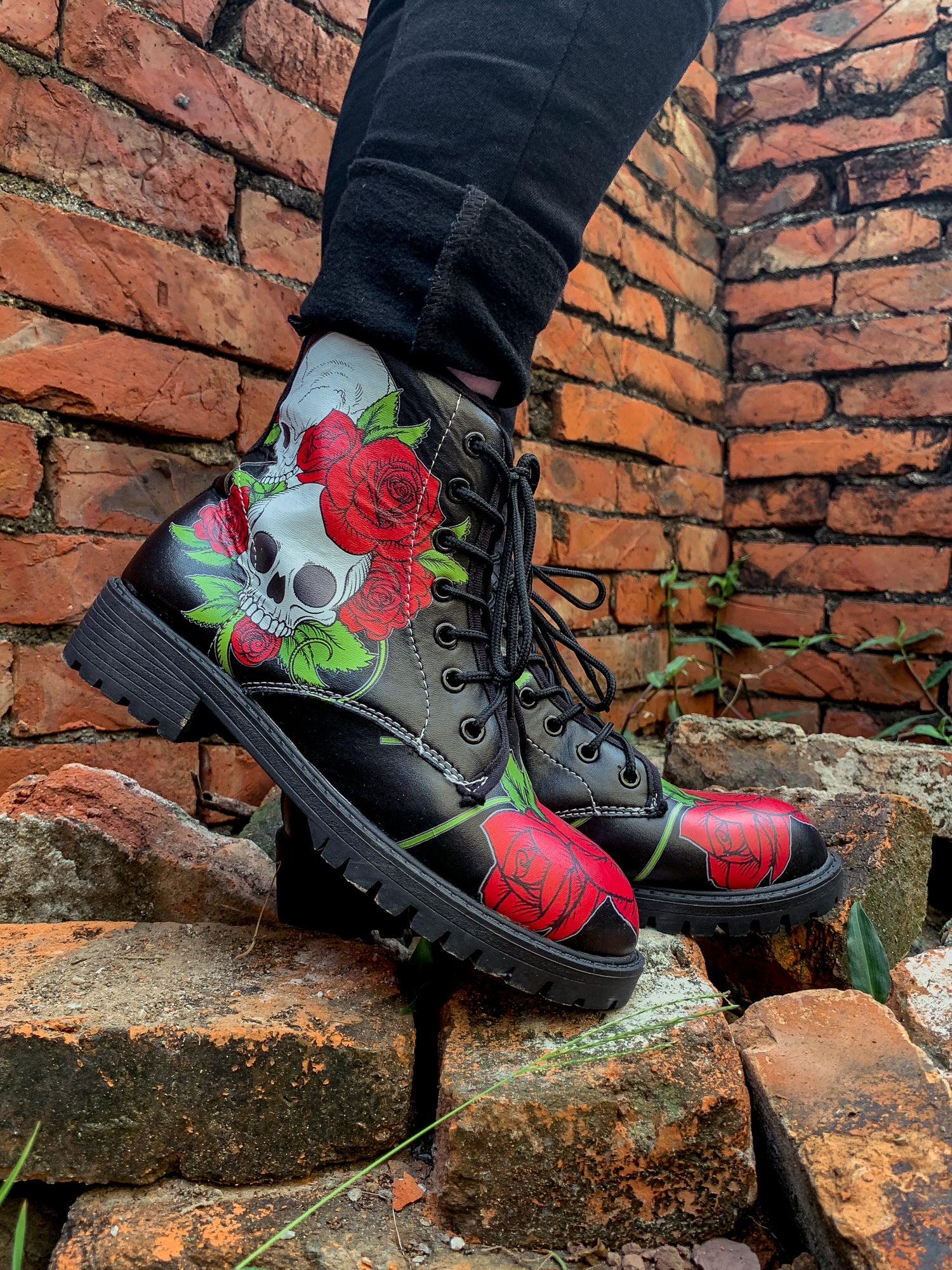 En Bloom | Skull-Rose Black Ankle Flat Combat Boots - Image 4
