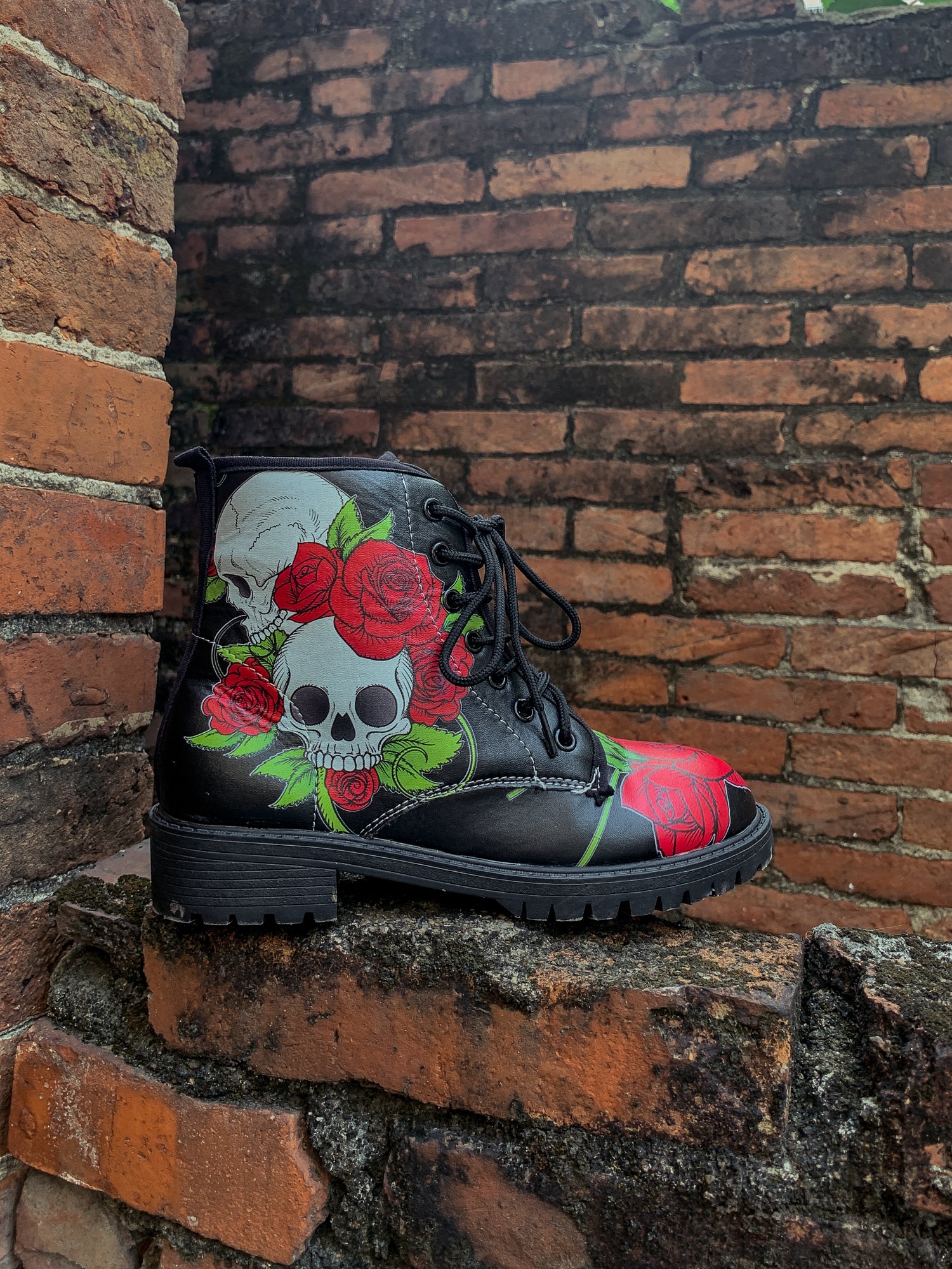 En Bloom | Skull-Rose Black Ankle Flat Combat Boots - Image 6