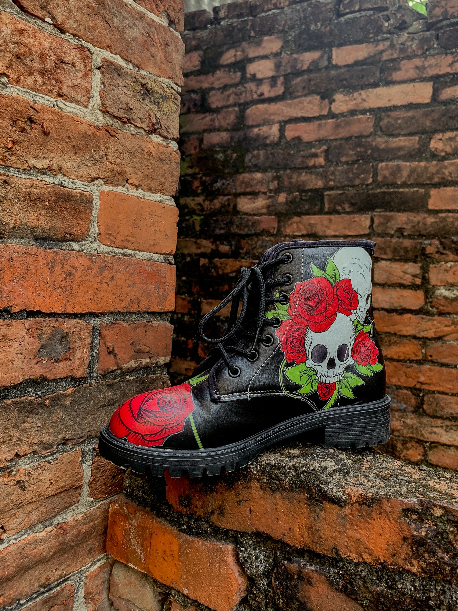 En Bloom | Skull-Rose Black Ankle Flat Combat Boots - Image 8