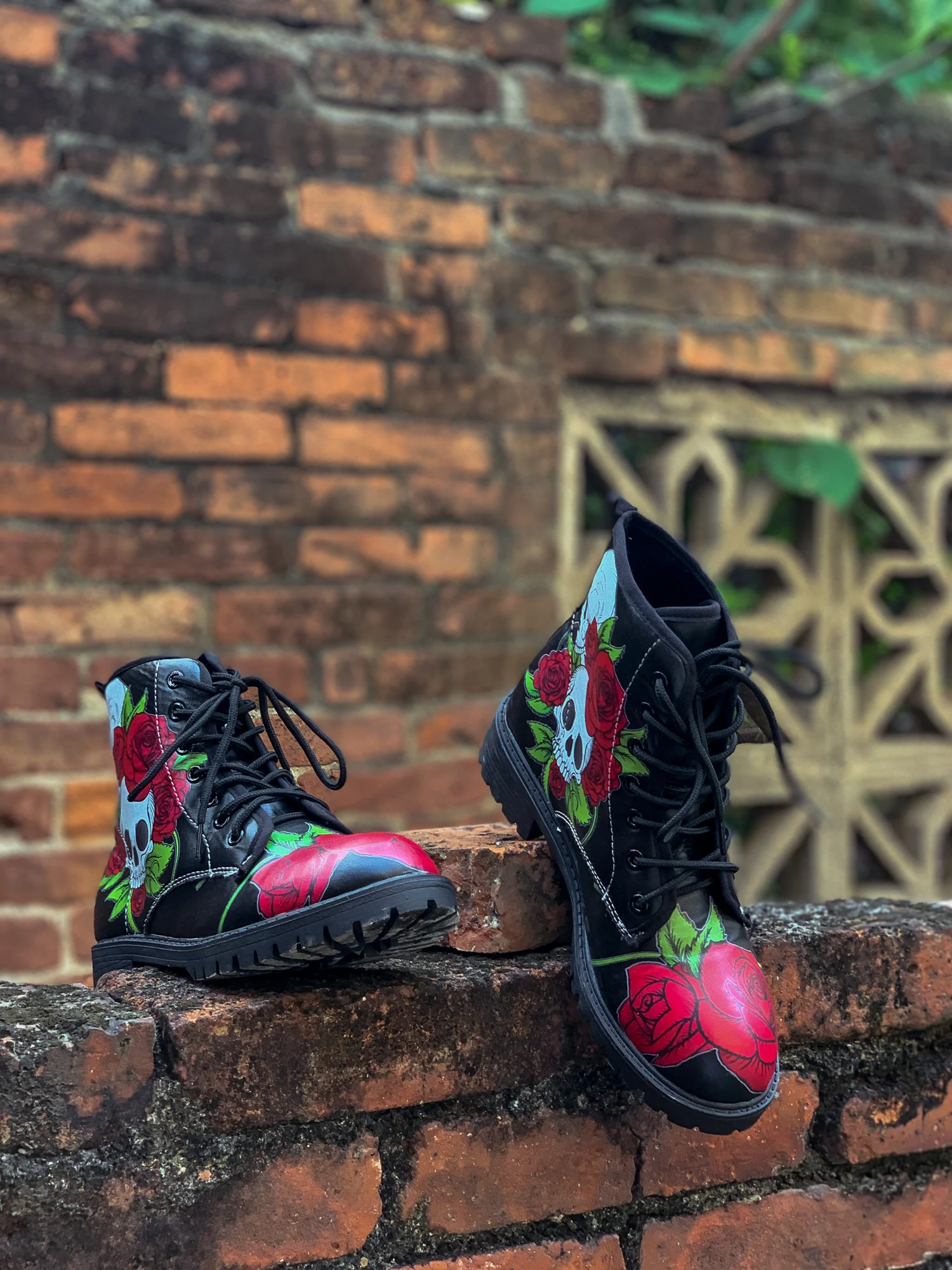 En Bloom | Skull-Rose Black Ankle Flat Combat Boots - Image 9
