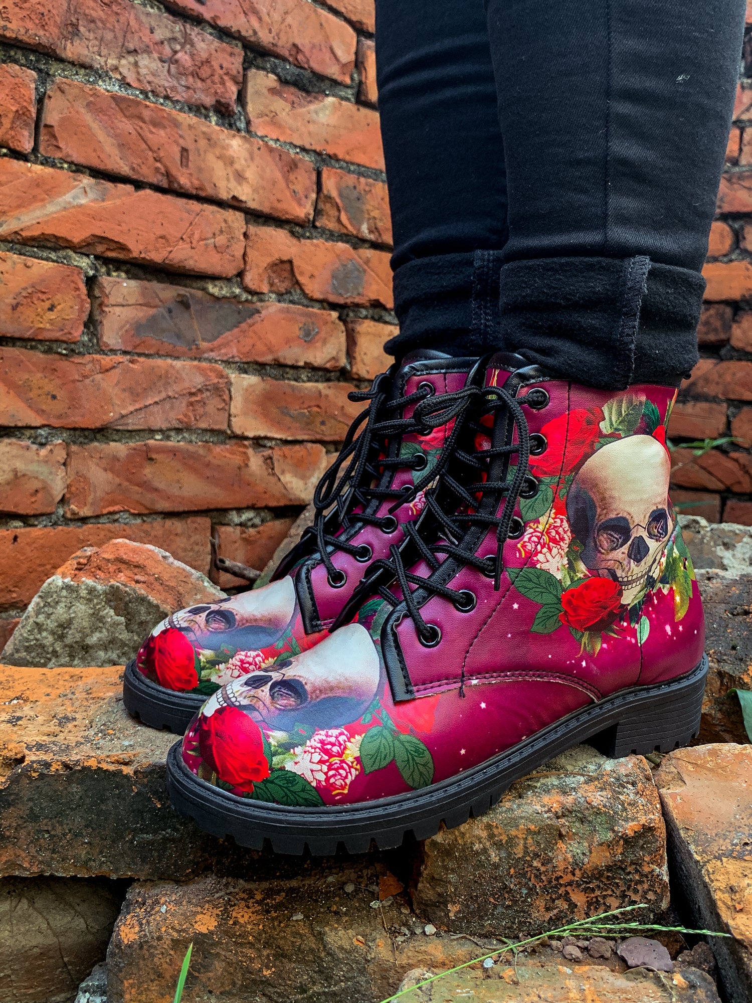 En Bloom | Skull-Rose Red Ankle Flat Combat Boots - Image 2
