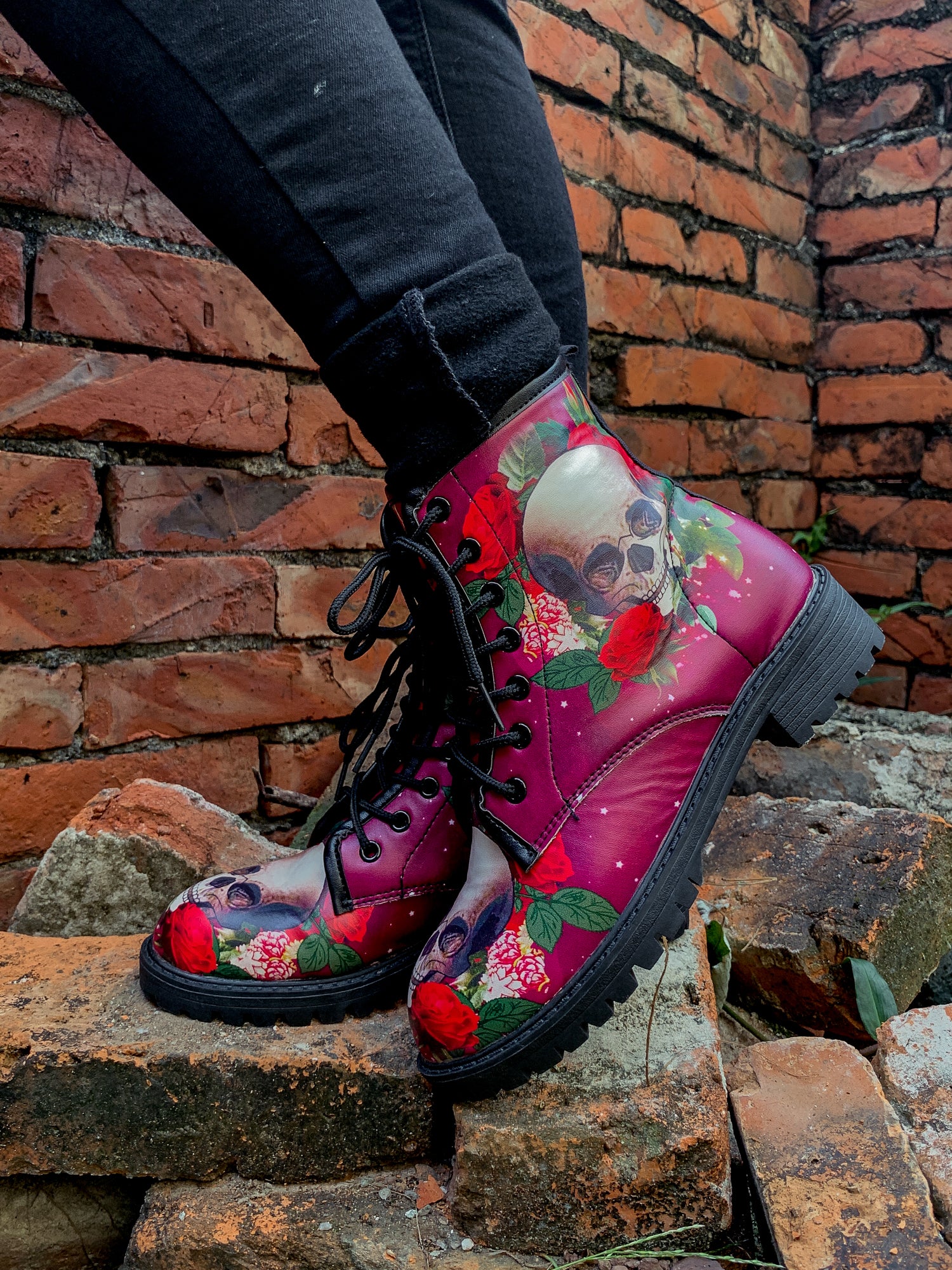 En Bloom | Skull-Rose Red Ankle Flat Combat Boots - Image 3