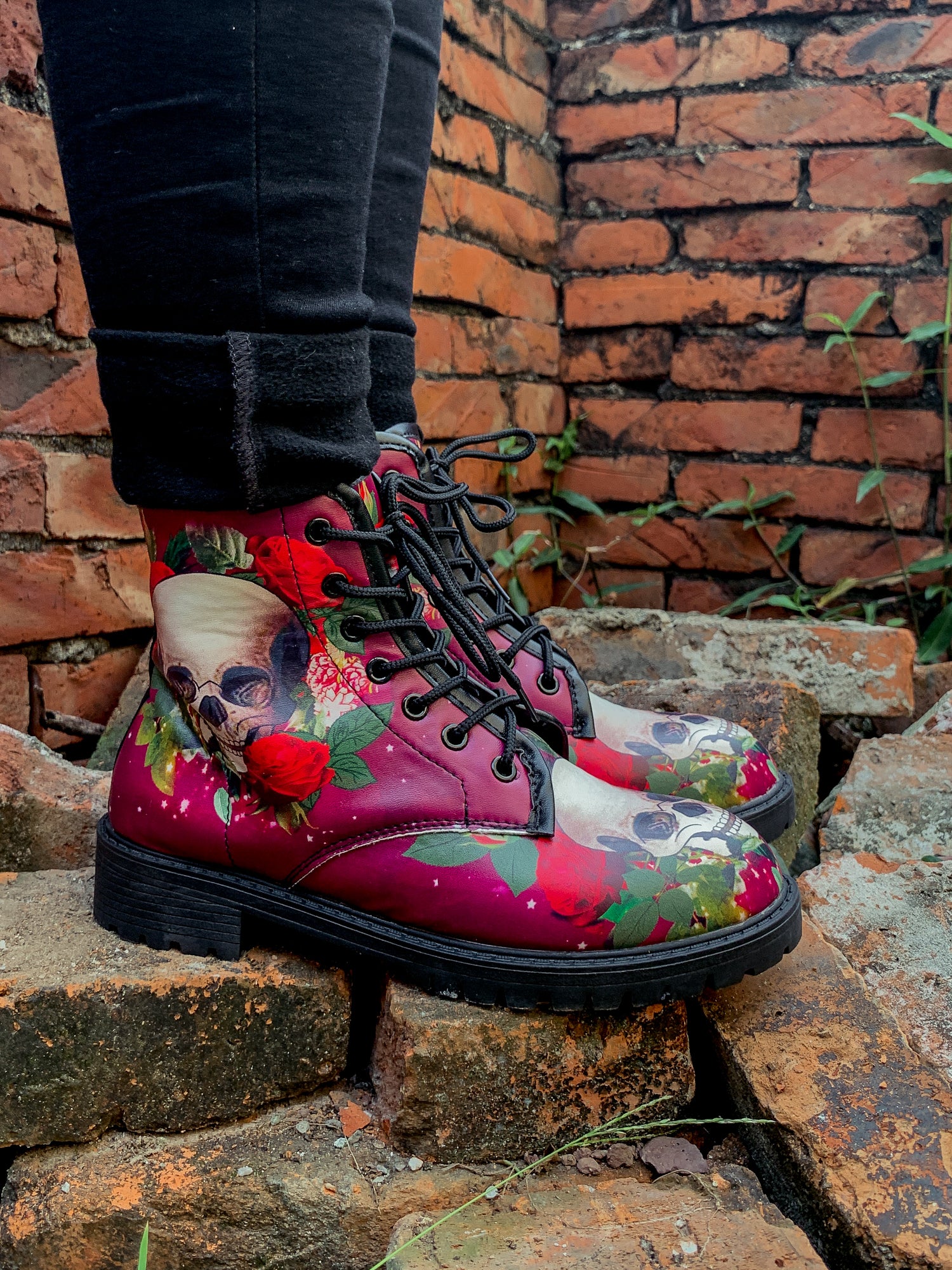 En Bloom | Skull-Rose Red Ankle Flat Combat Boots - Image 4