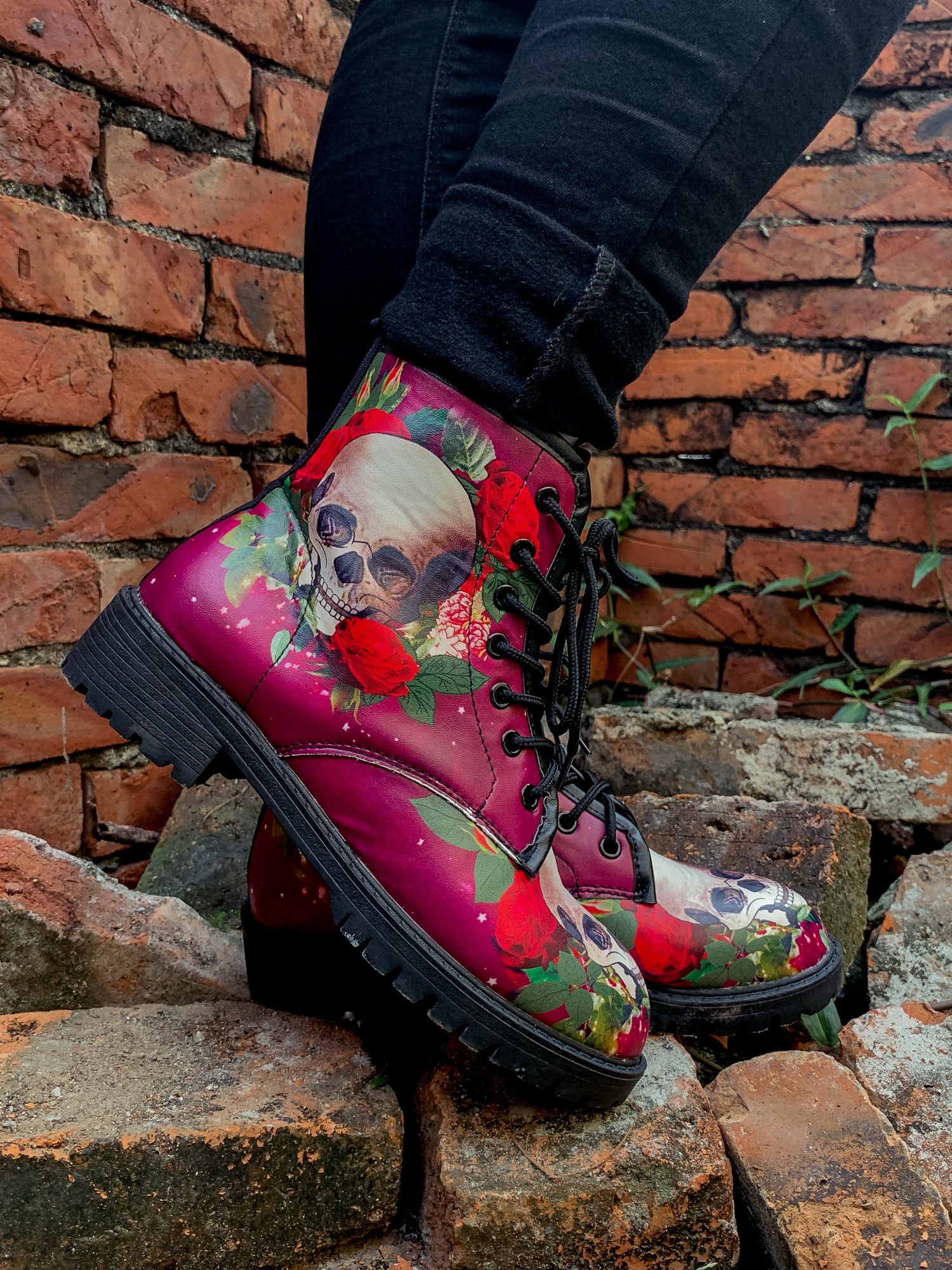 En Bloom | Skull-Rose Red Ankle Flat Combat Boots - Image 5