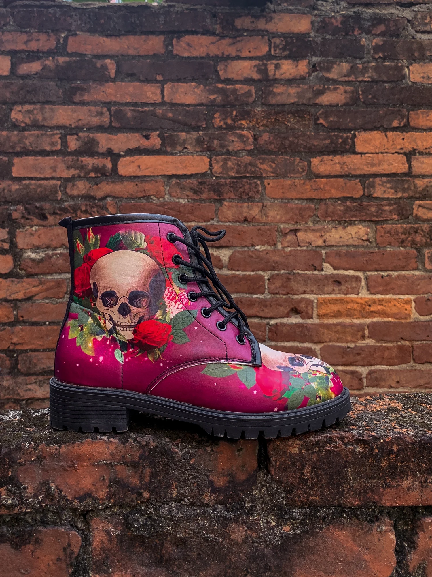 En Bloom | Skull-Rose Red Ankle Flat Combat Boots - Image 6