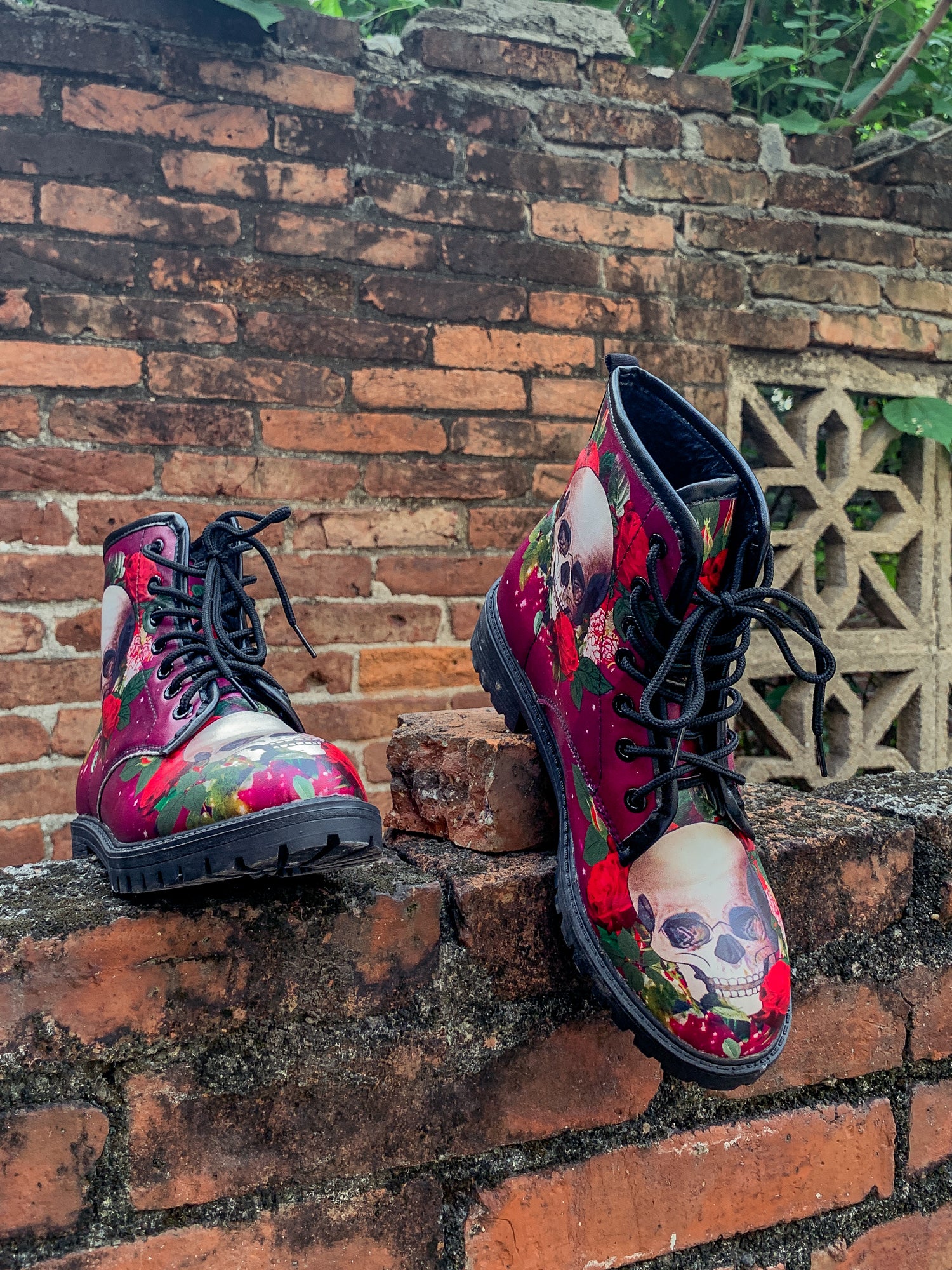 En Bloom | Skull-Rose Red Ankle Flat Combat Boots - Image 7