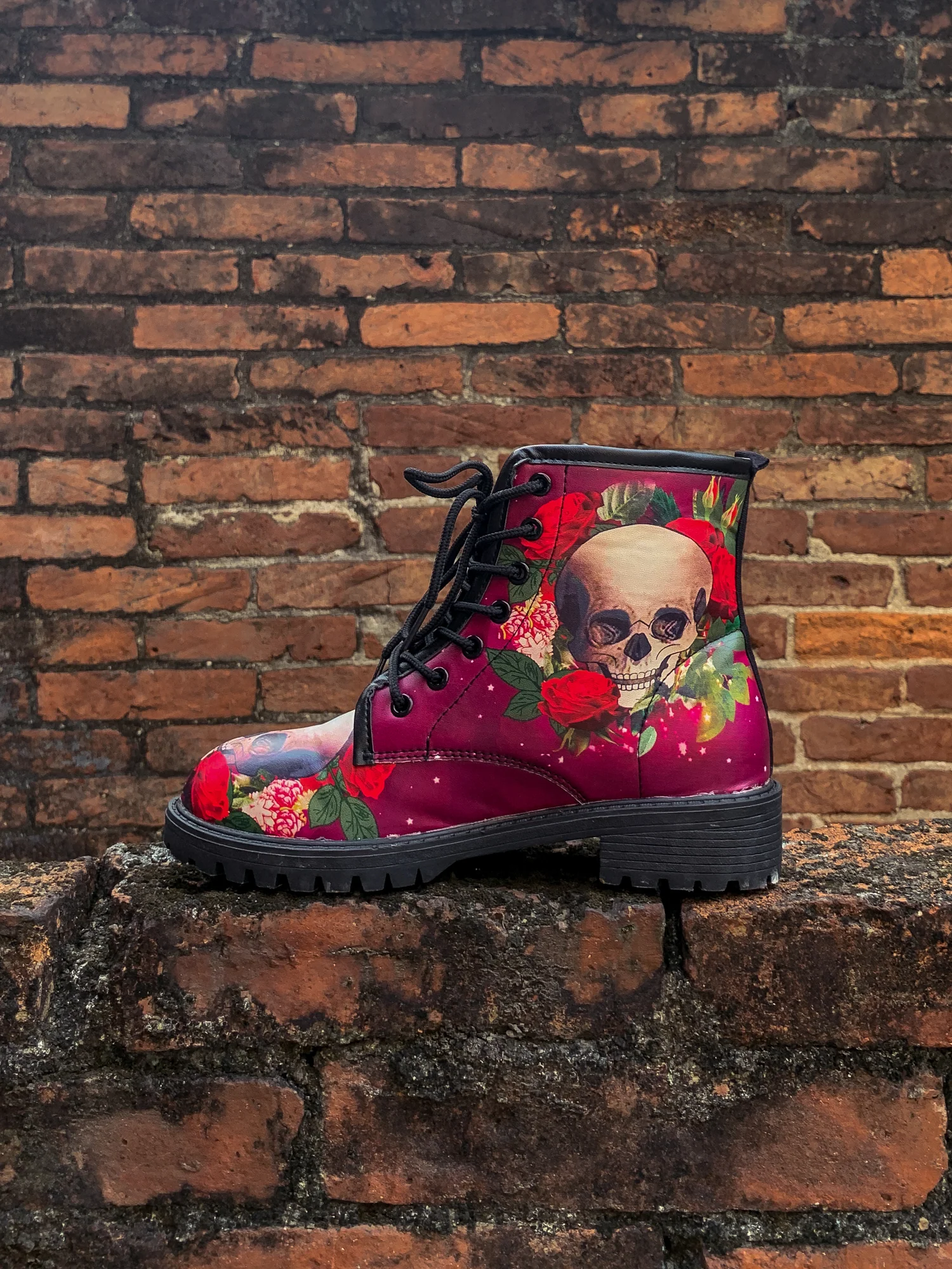 En Bloom | Skull-Rose Red Ankle Flat Combat Boots - Image 8