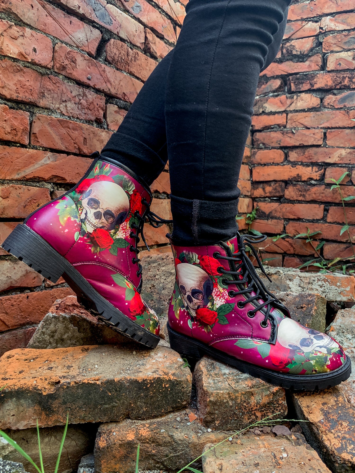 En Bloom | Skull-Rose Red Ankle Flat Combat Boots - Image 9
