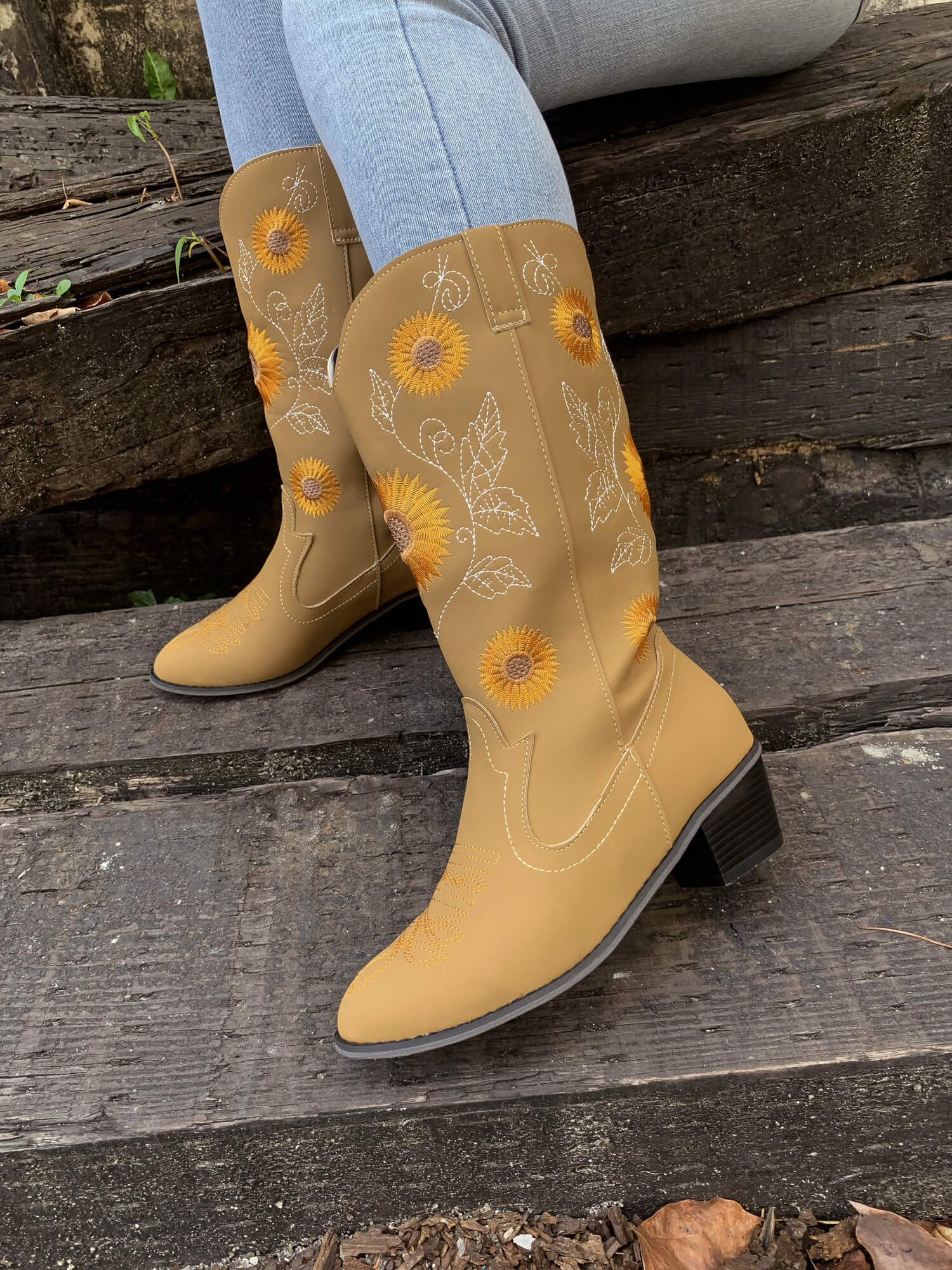 En Bloom | Sunflower Mid-Calf Knee Cowboy Boots - Beige - Image 10