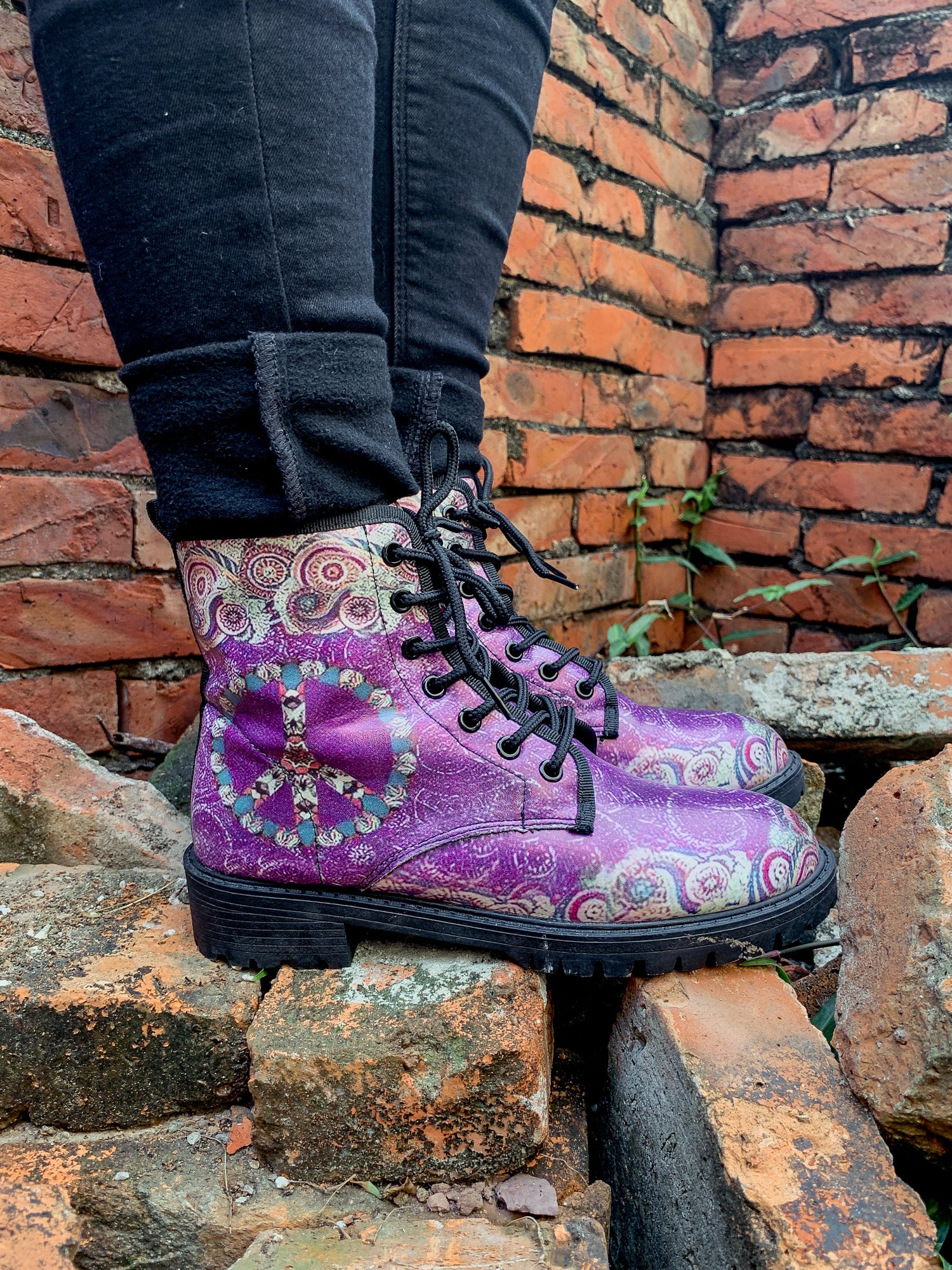 En Bloom | Tibet Art Purple Ankle Flat Combat Boots - Image 2