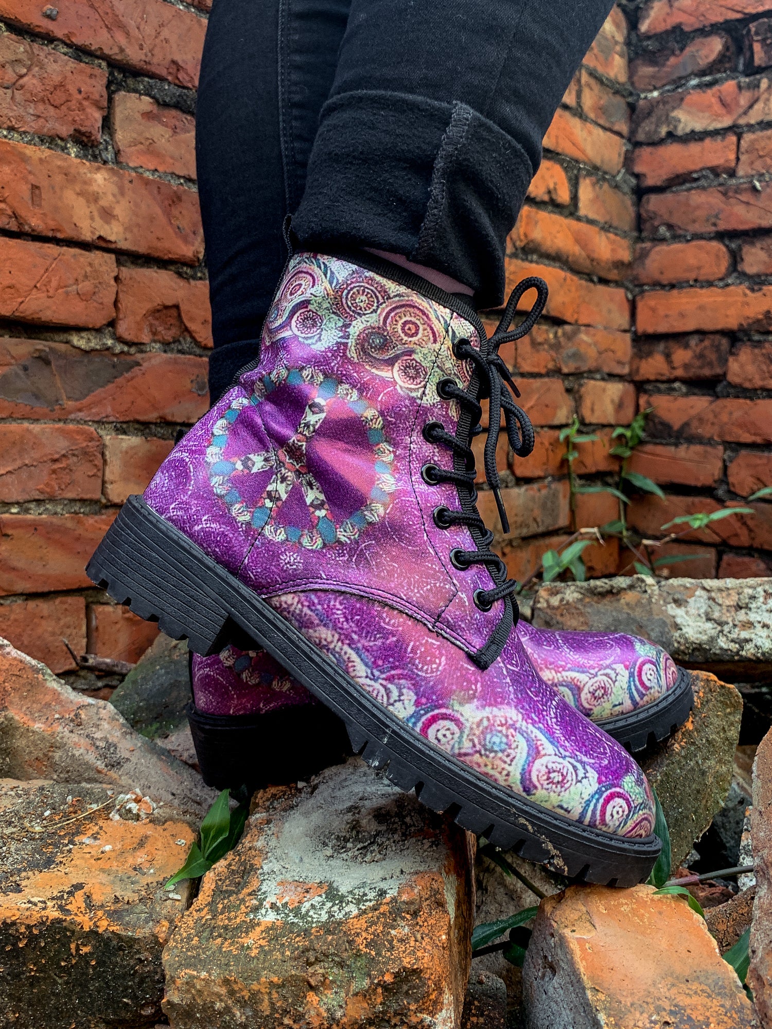 En Bloom | Tibet Art Purple Ankle Flat Combat Boots - Image 3