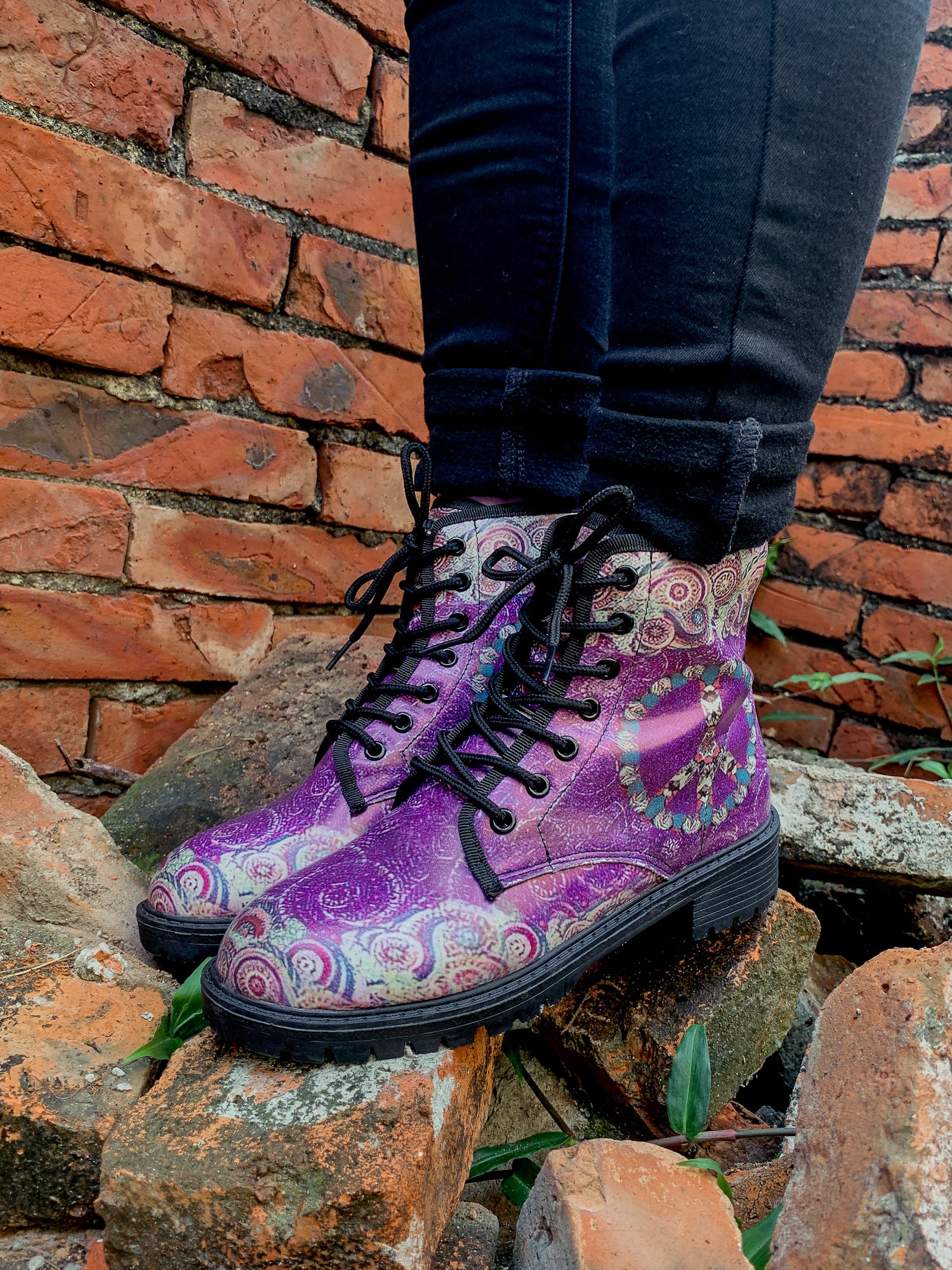 En Bloom | Tibet Art Purple Ankle Flat Combat Boots - Image 4