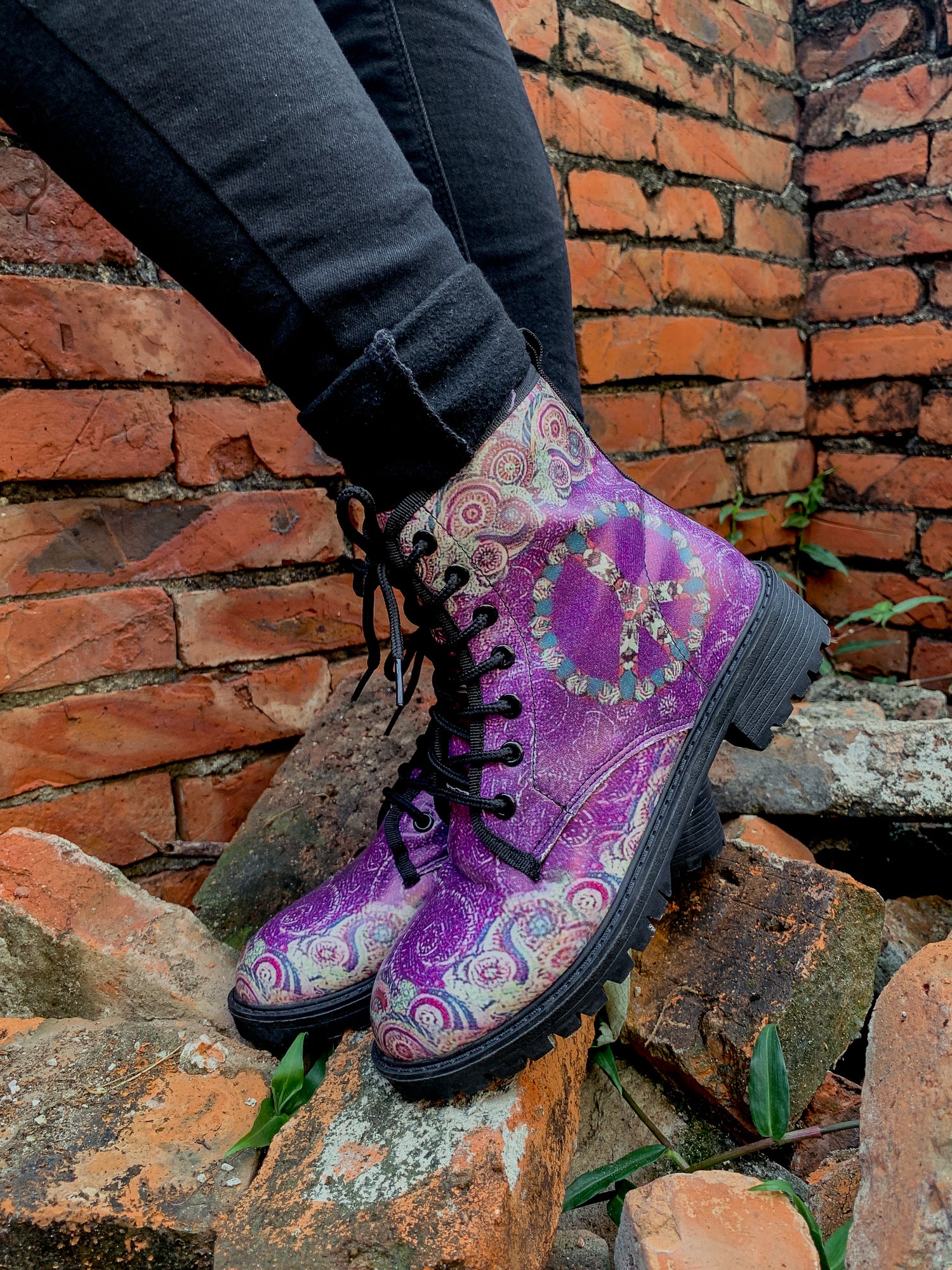 En Bloom | Tibet Art Purple Ankle Flat Combat Boots - Image 5