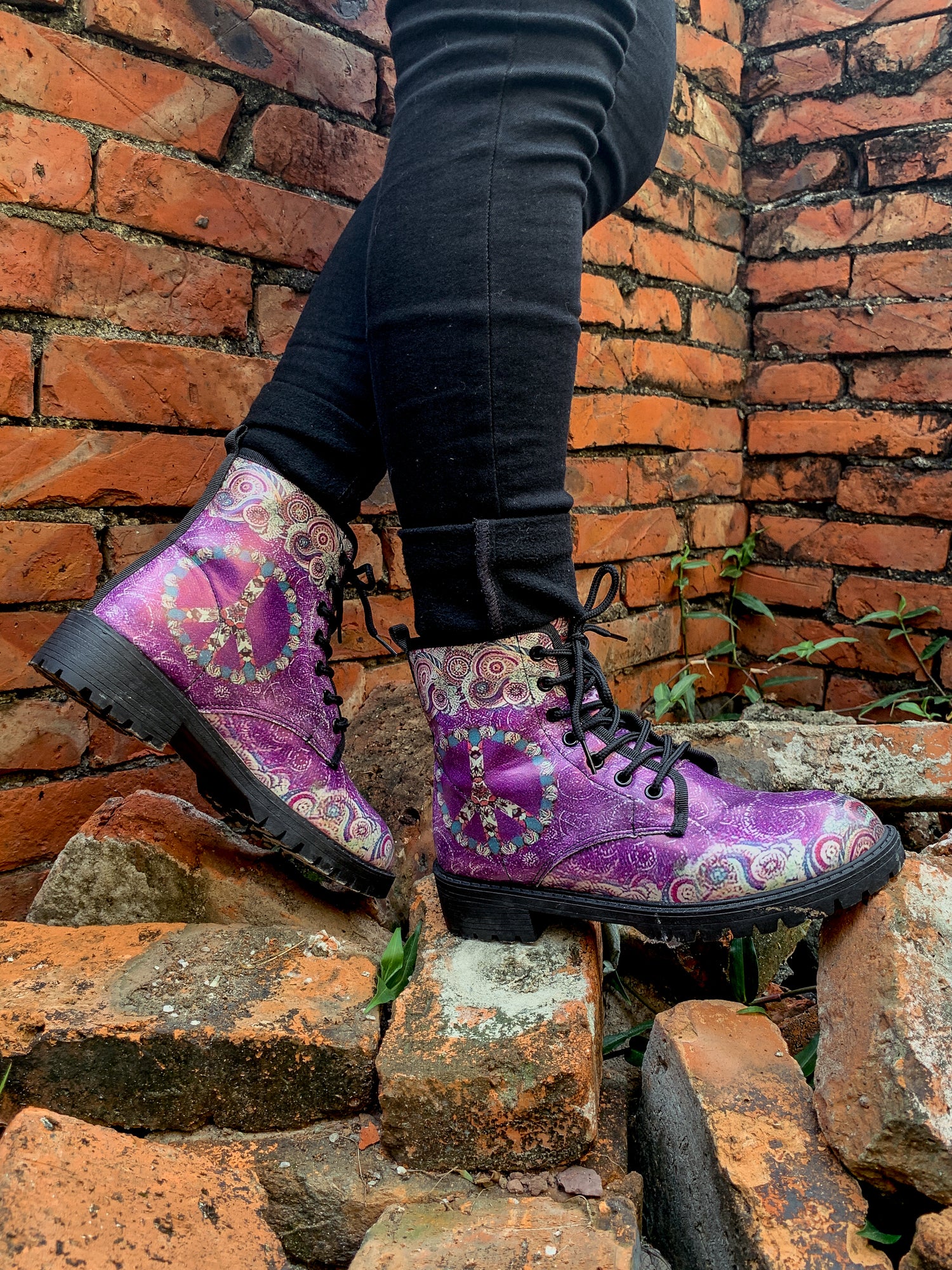 En Bloom | Tibet Art Purple Ankle Flat Combat Boots - Image 7