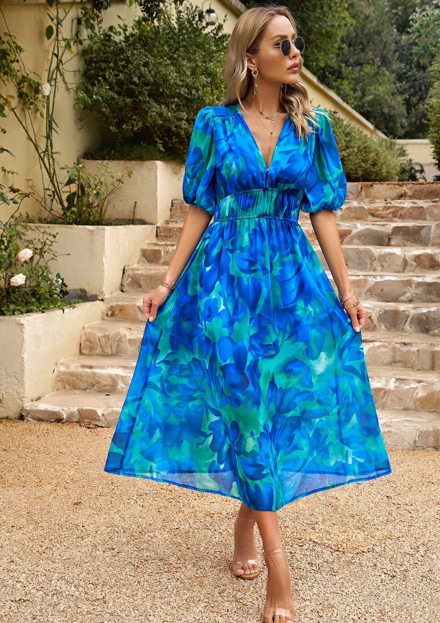 EUPHORIC MOOD FLORAL PRINTED MIDI DRESS - BLUE - Image 3