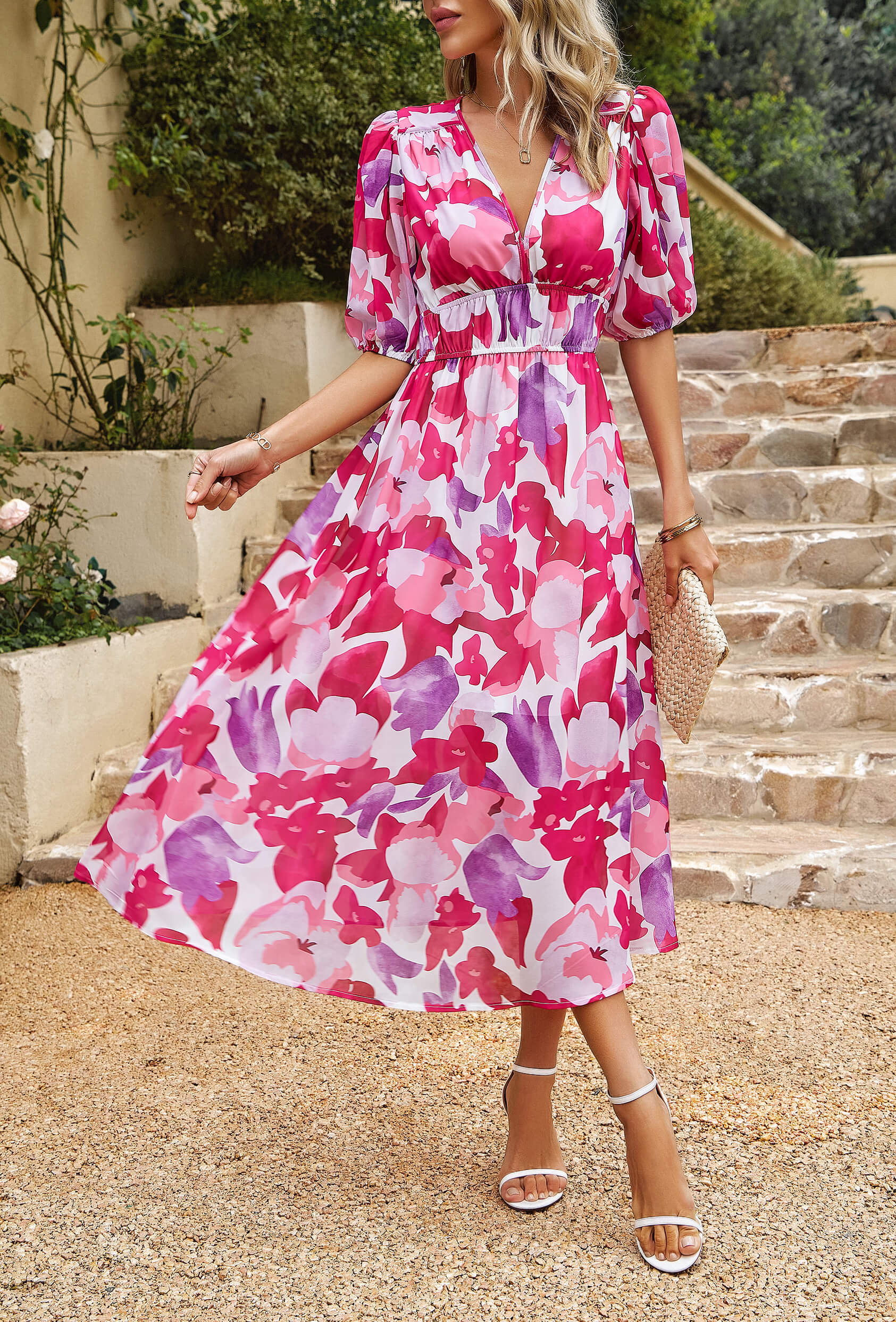 EUPHORIC MOOD FLORAL PRINTED MIDI DRESS - PINK - Image 3