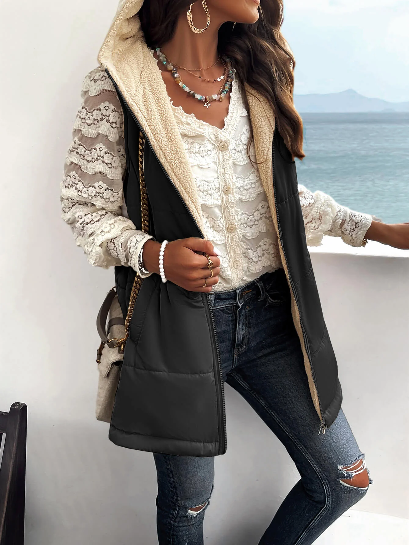 Fall And Forever Hooded Puffer Vest - Black - Image 2