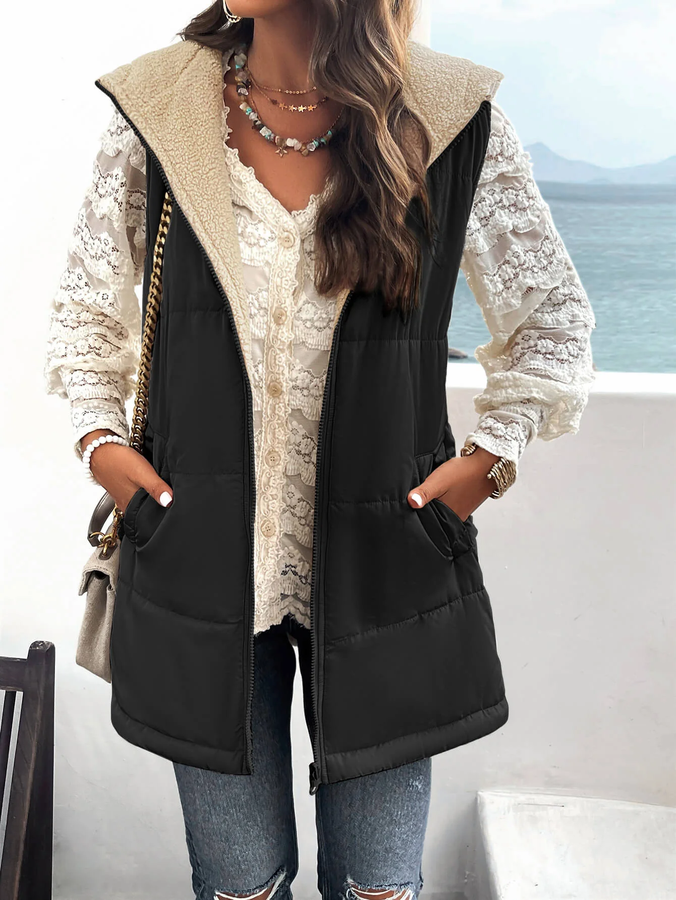 Fall And Forever Hooded Puffer Vest - Black - Image 3